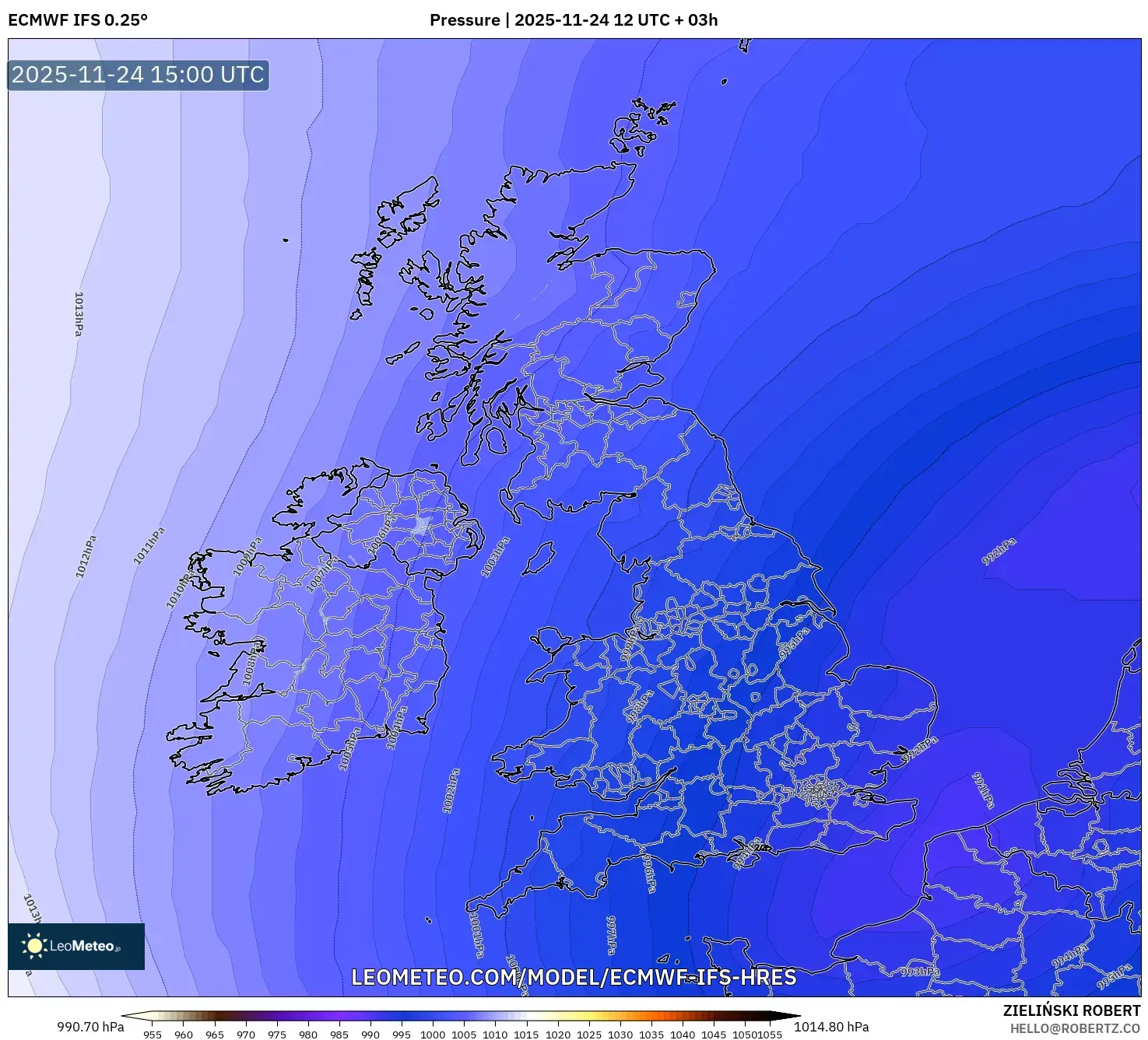 ECMWF IFS 0.25° model - United Kingdom, Pressure