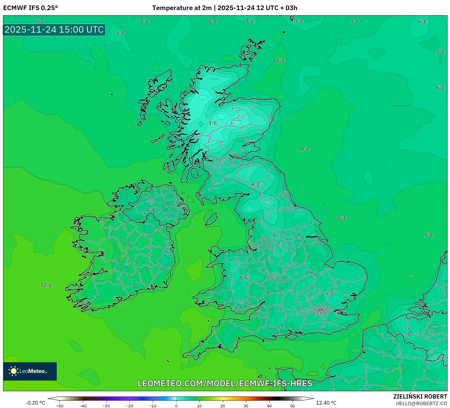 ECMWF IFS 0.25° model - United Kingdom, Temperature at 2m