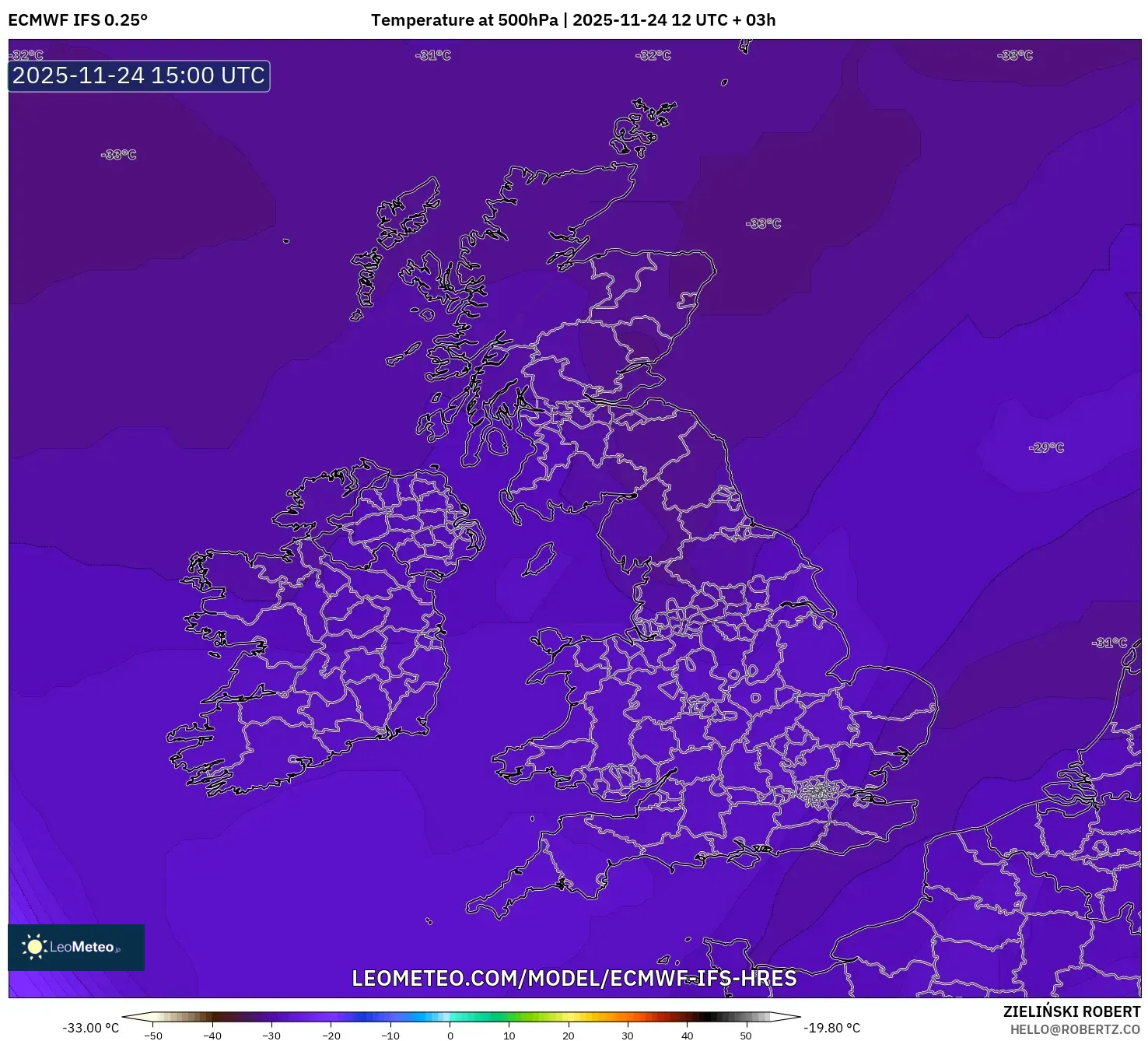 ECMWF IFS 0.25° model - United Kingdom, Temperature at 500hPa