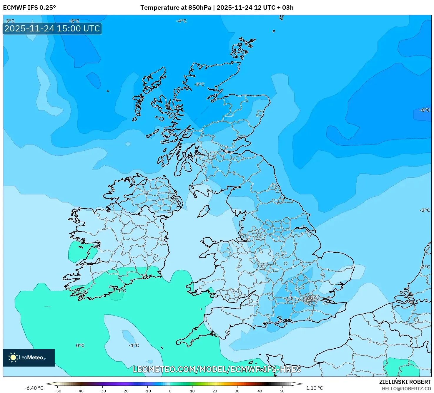 ECMWF IFS 0.25° model - United Kingdom, Temperature at 850hPa