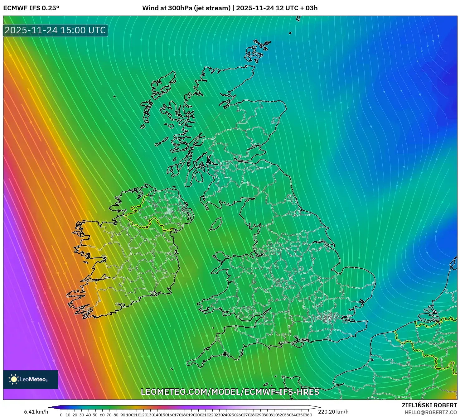 ECMWF IFS 0.25° model - United Kingdom, Wind at 300hPa (jet stream)
