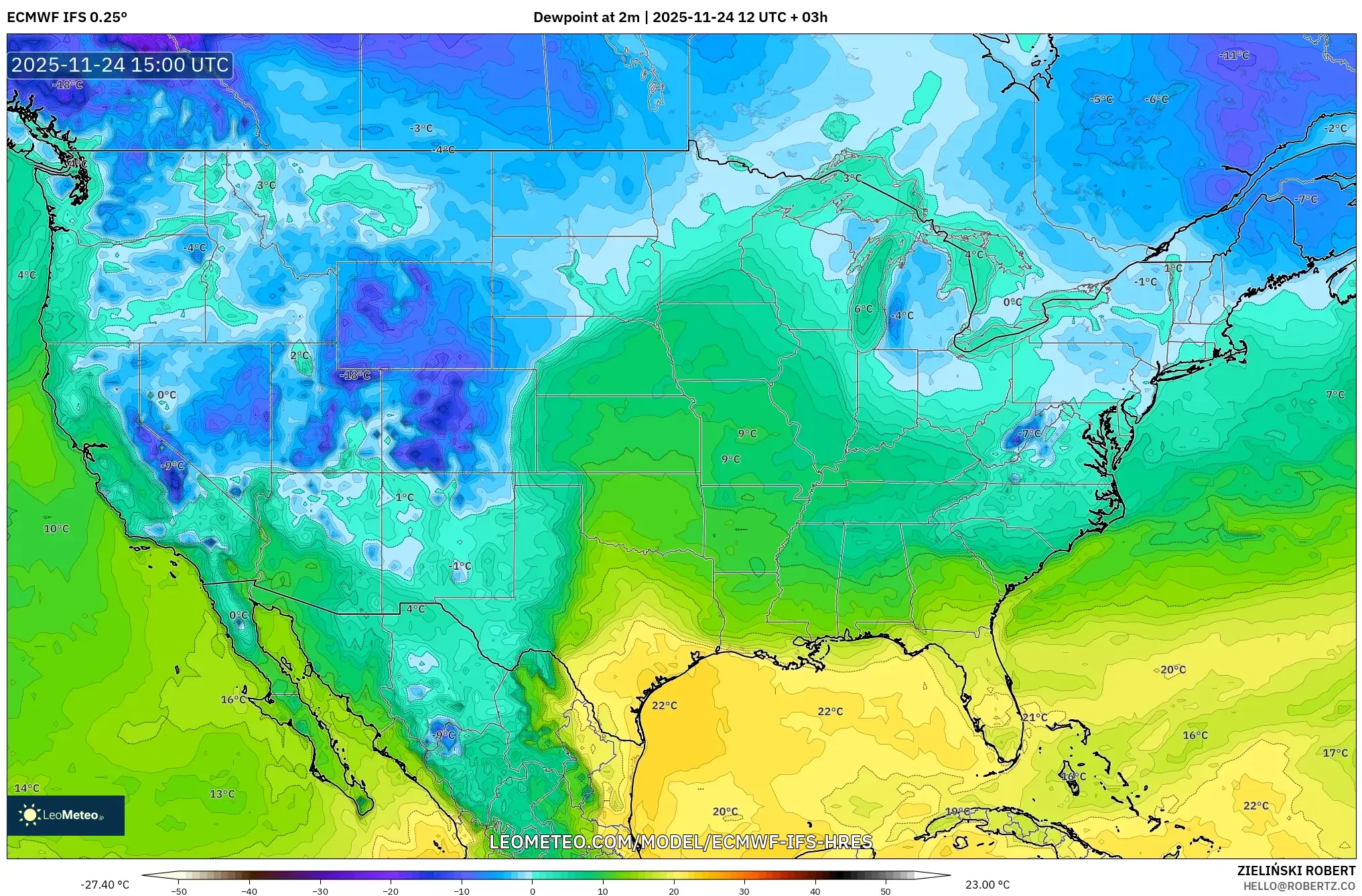 ECMWF IFS 0.25° model - United States, Dewpoint at 2m