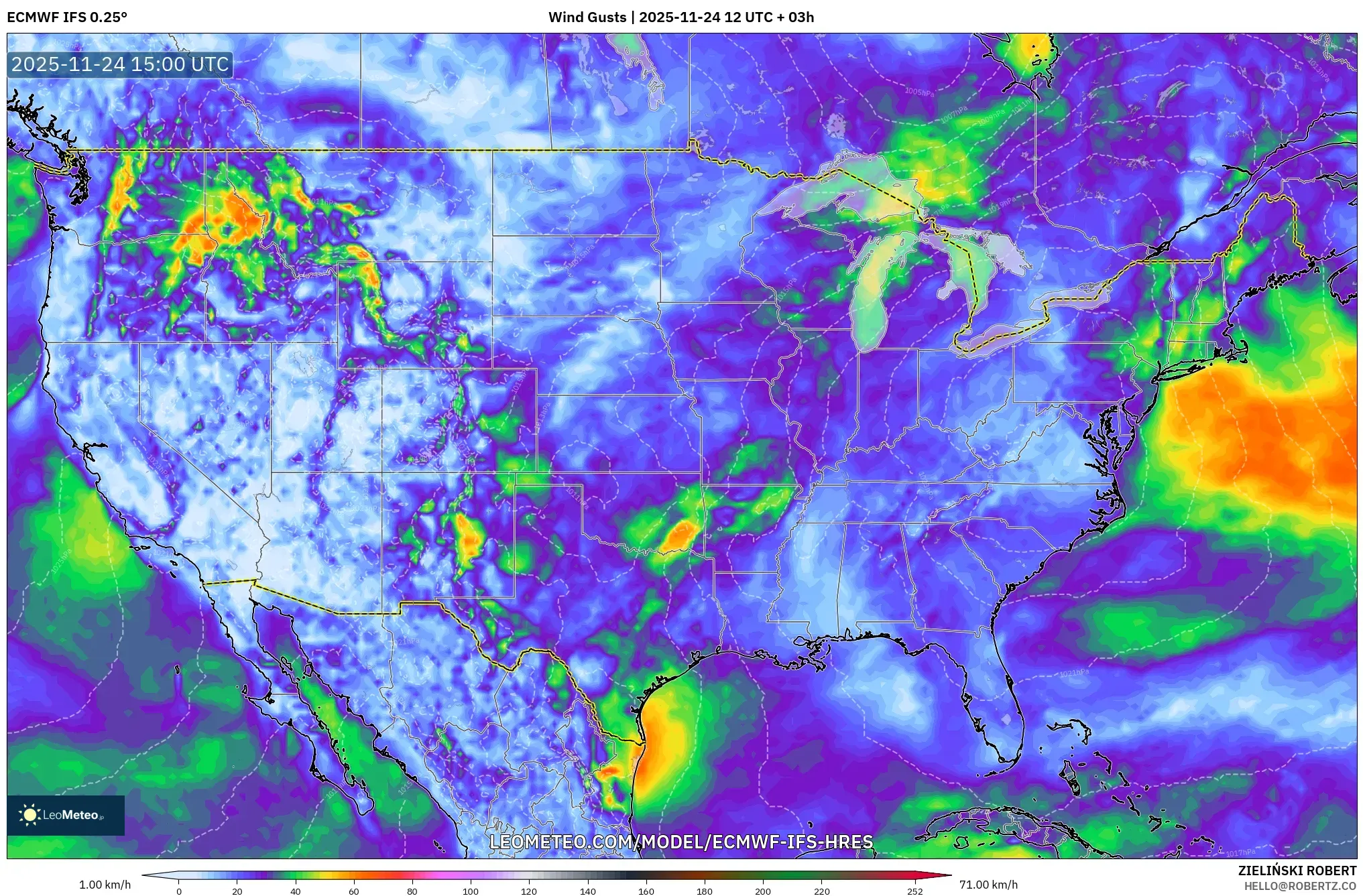ECMWF IFS 0.25° model - United States, Wind Gusts