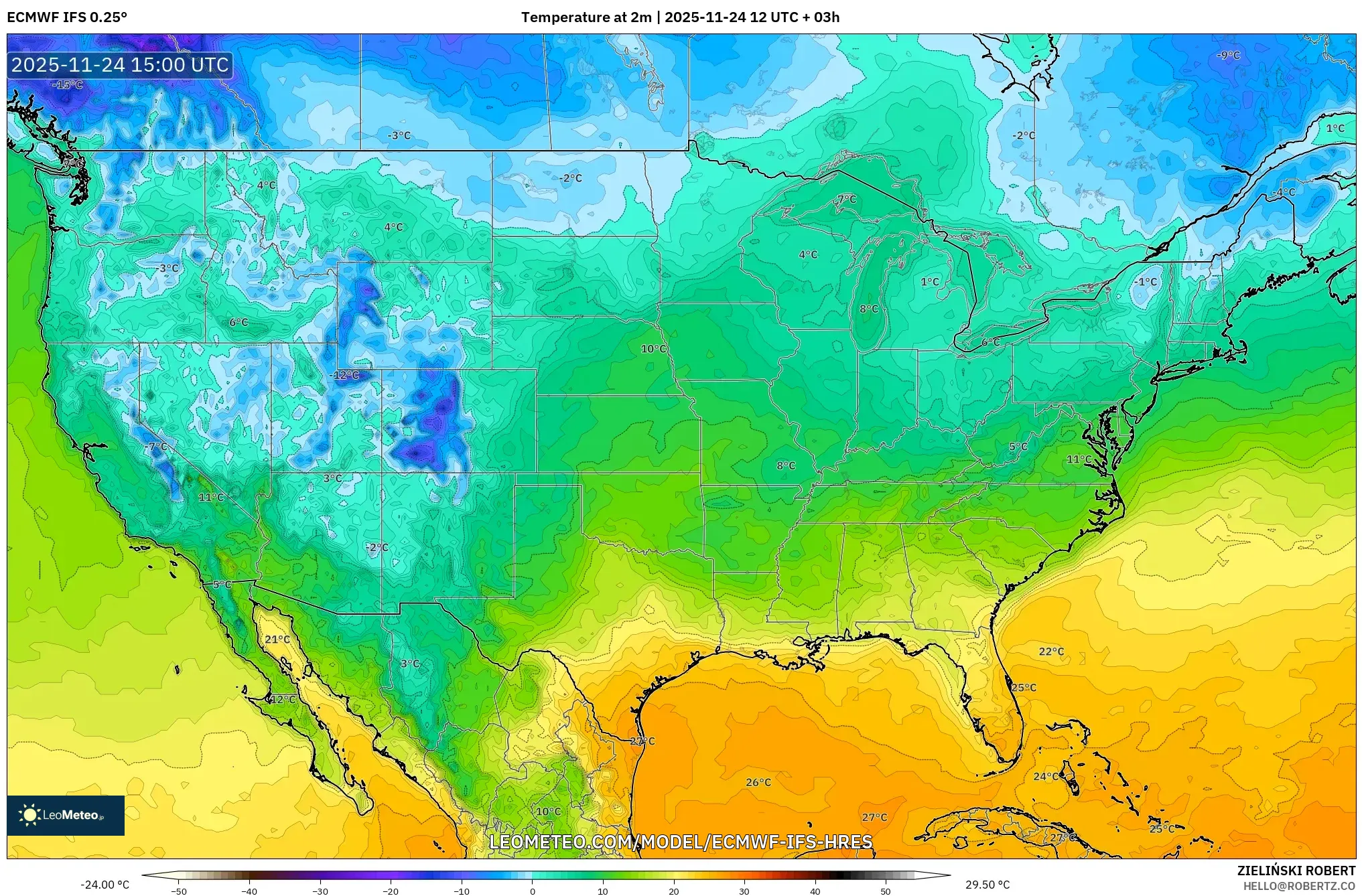 ECMWF IFS 0.25° model - United States, Temperature at 2m