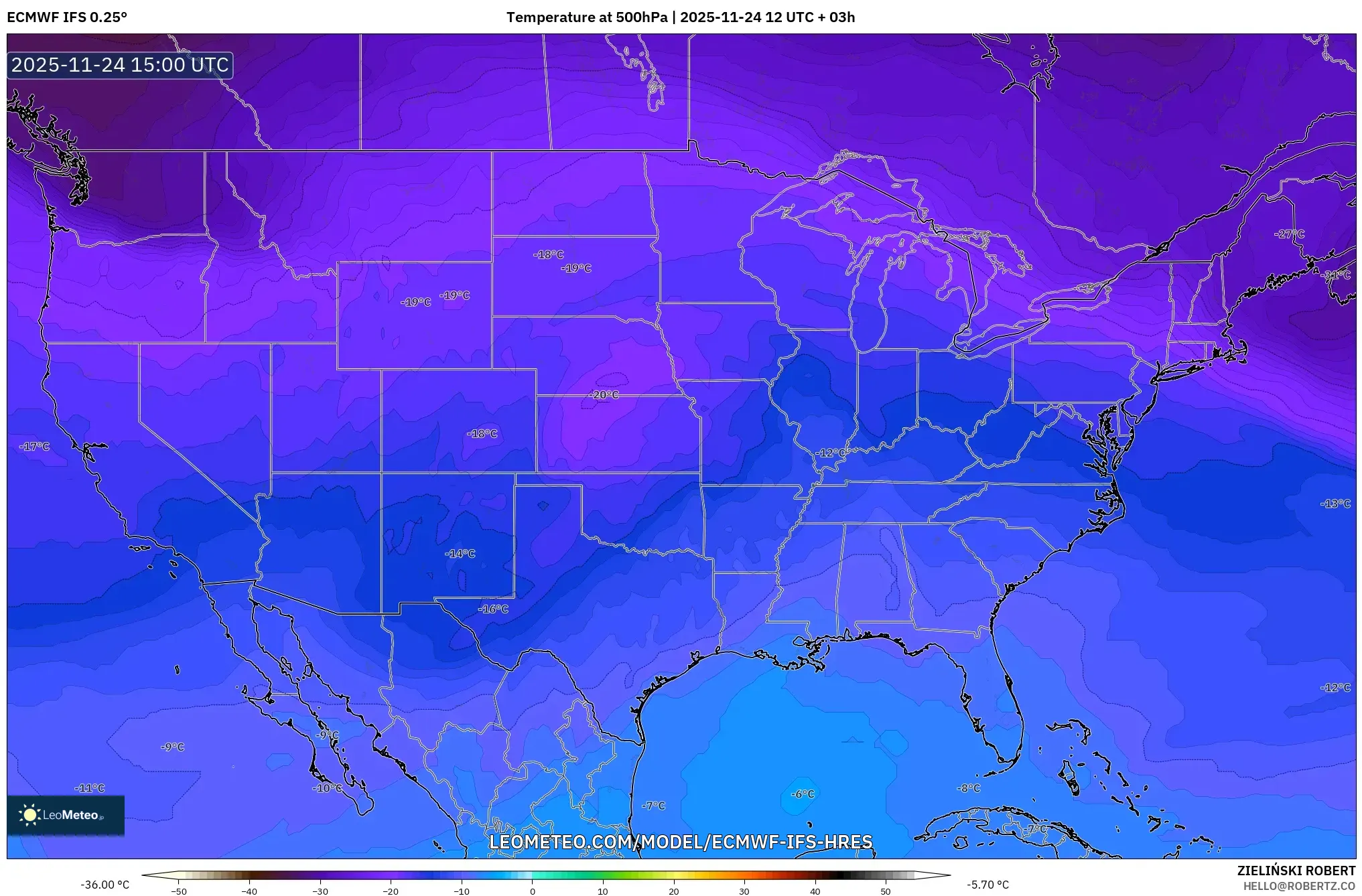 ECMWF IFS 0.25° model - United States, Temperature at 500hPa
