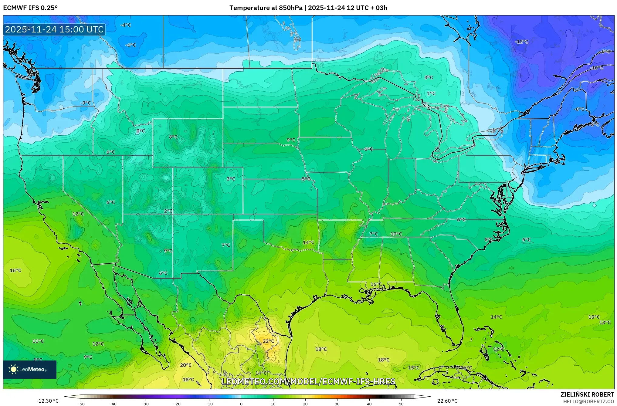 ECMWF IFS 0.25° model - United States, Temperature at 850hPa