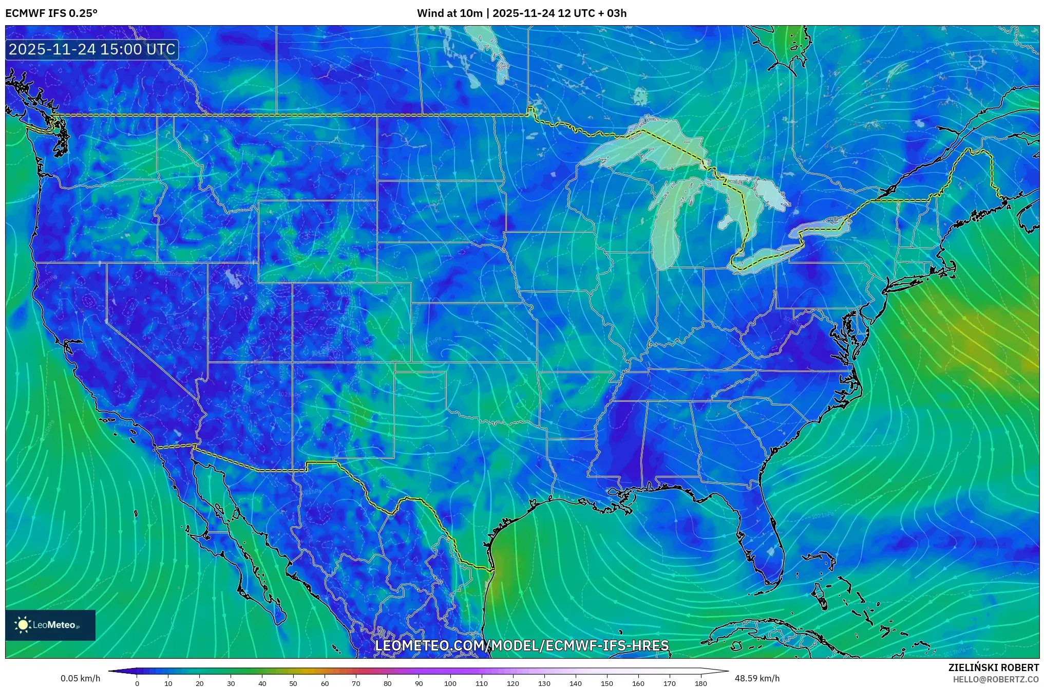 ECMWF IFS 0.25° model - United States, Wind at 10m