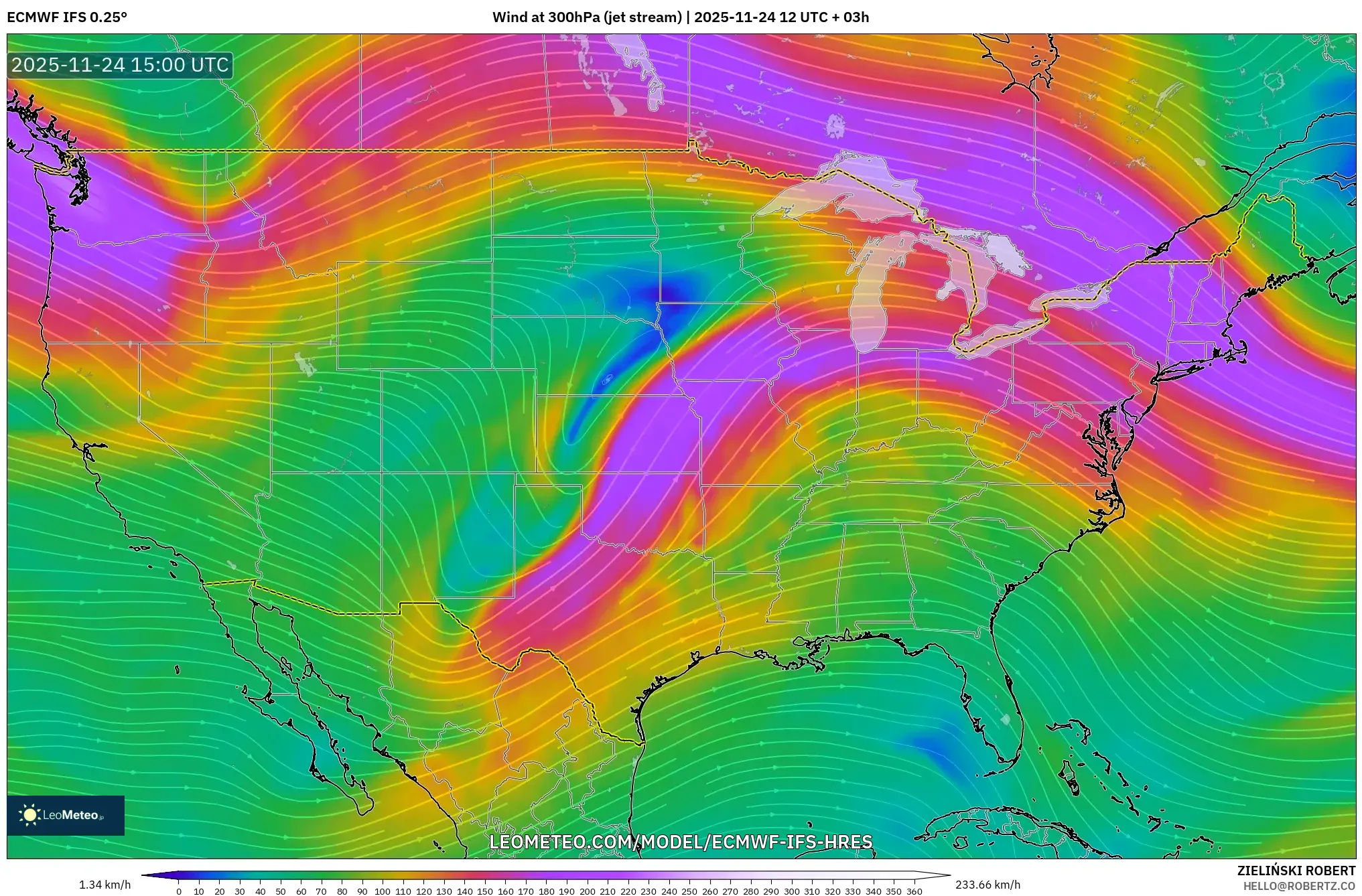 ECMWF IFS 0.25° model - United States, Wind at 300hPa (jet stream)