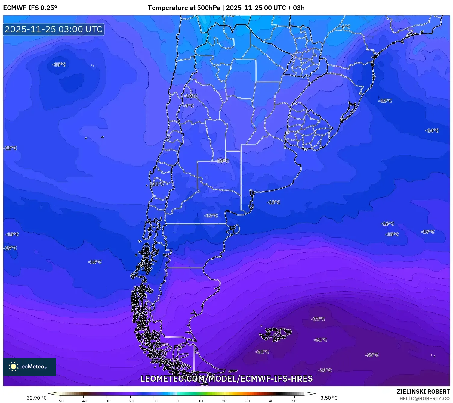 ECMWF IFS 0.25° model - Argentina, Temperature at 500hPa