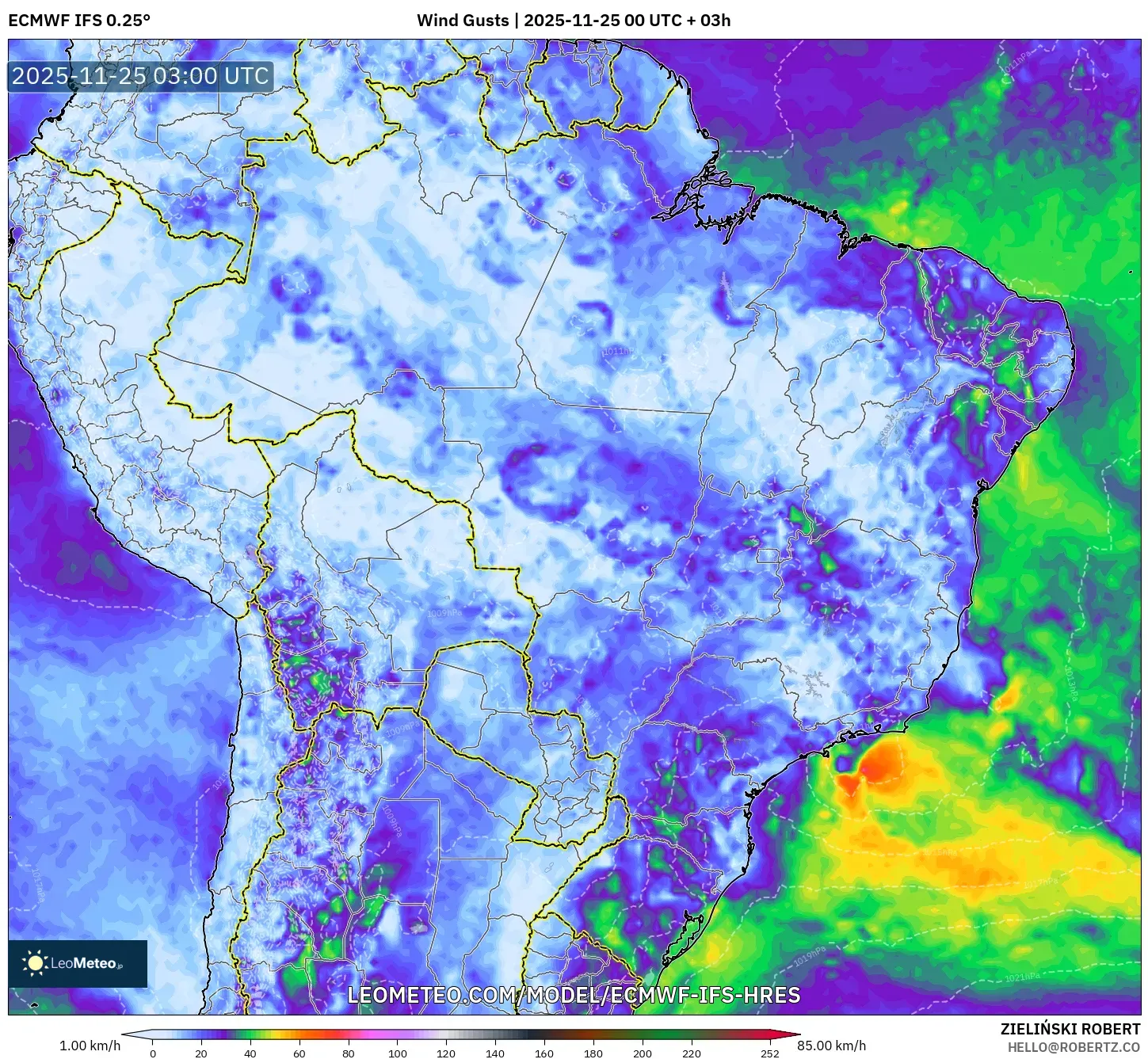 ECMWF IFS 0.25° model - Brazil, Wind Gusts