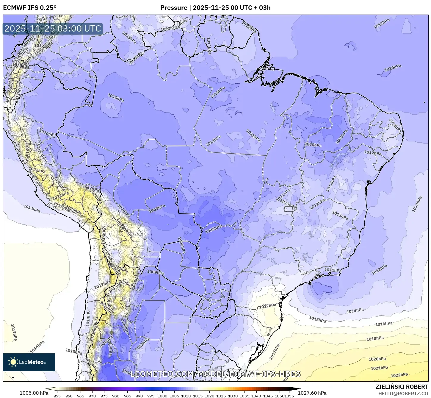 ECMWF IFS 0.25° model - Brazil, Pressure