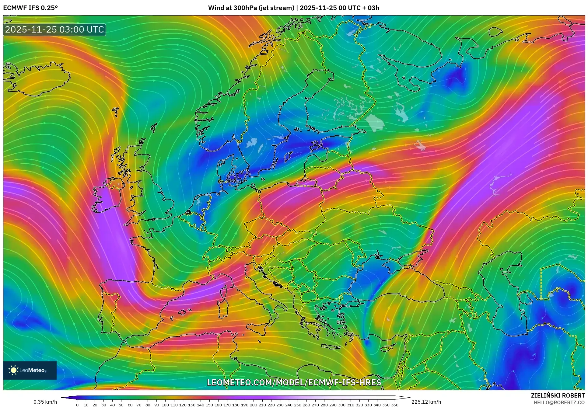 ECMWF IFS 0.25° model - Europe, Wind at 300hPa (jet stream)