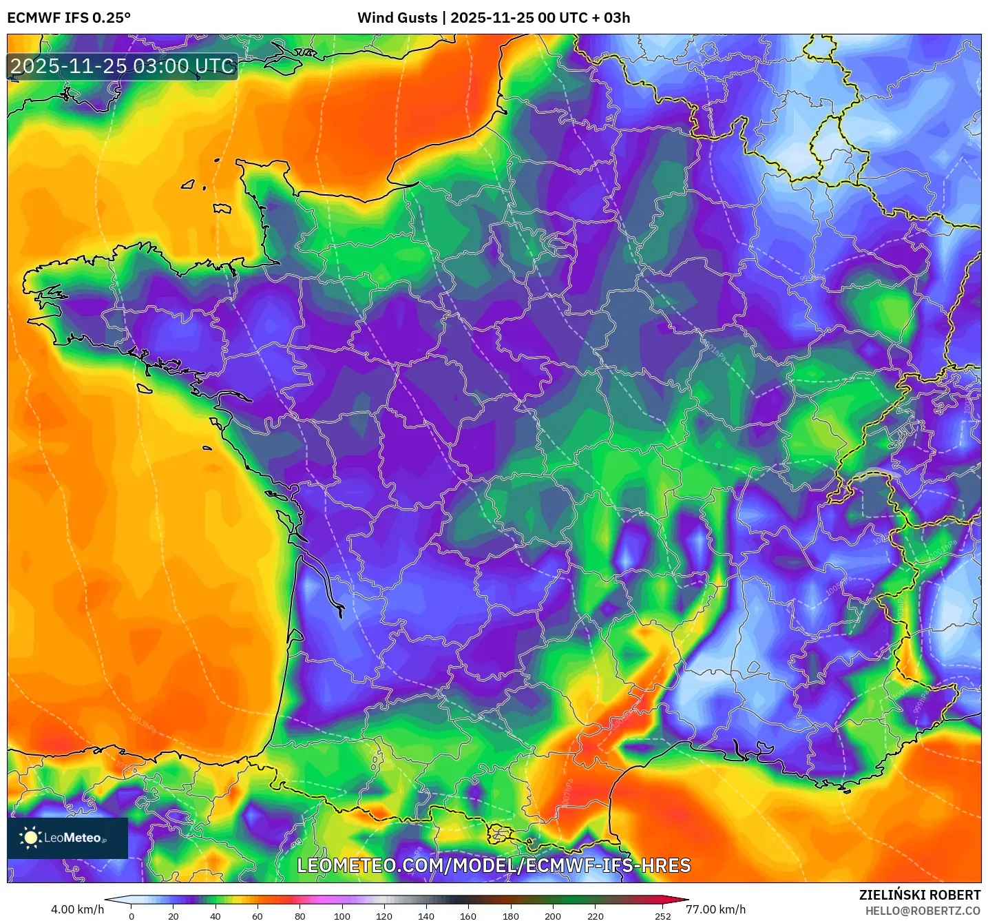 ECMWF IFS 0.25° model - France, Wind Gusts