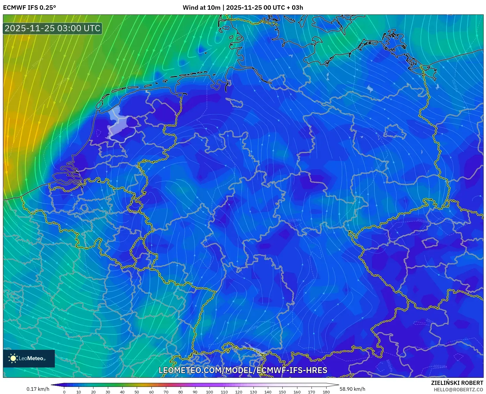 ECMWF IFS 0.25° model - Germany, Wind at 10m