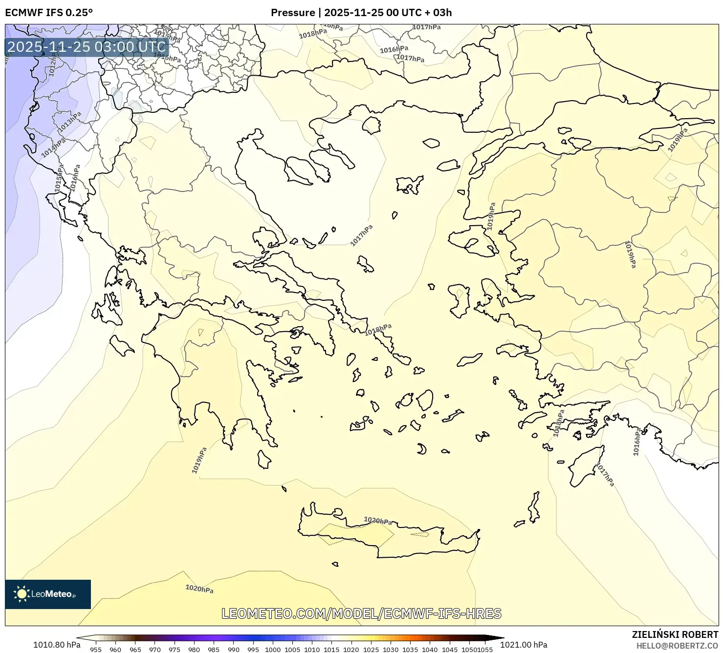 ECMWF IFS 0.25° model - Greece, Pressure