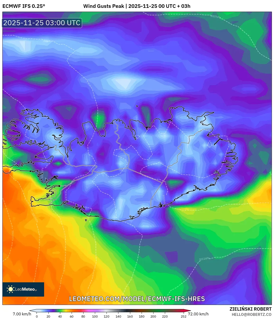 ECMWF IFS 0.25° model - Iceland, Wind Gusts Peak