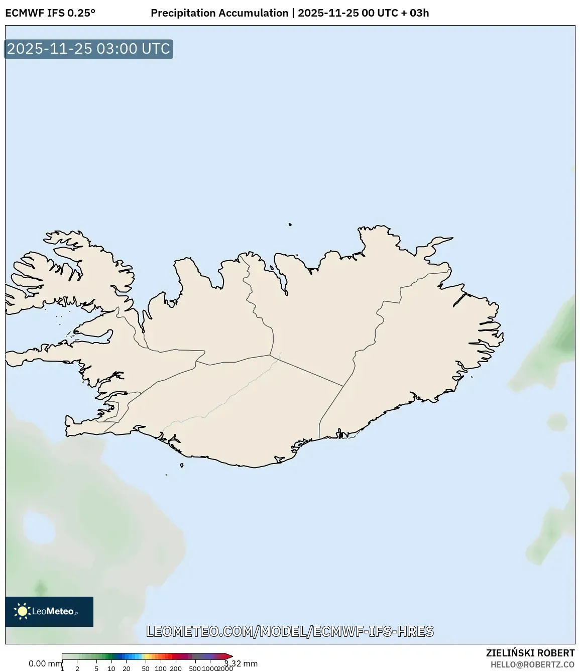 ECMWF IFS 0.25° model - Iceland, Precipitation Accumulation
