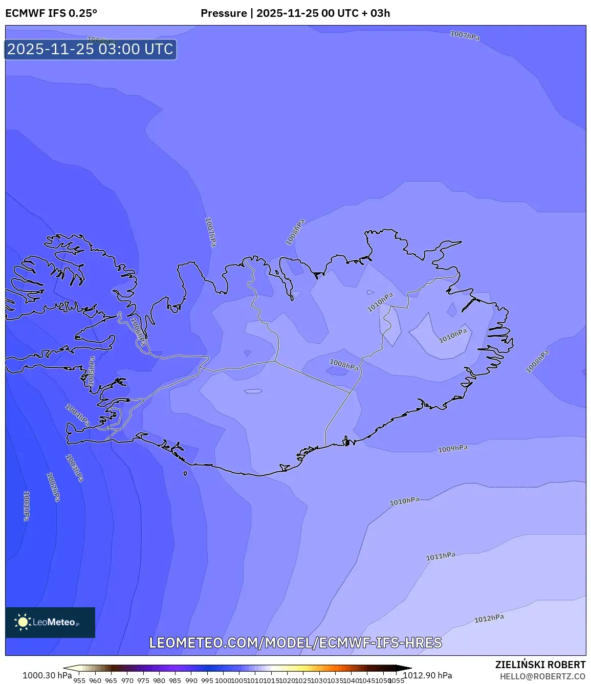 ECMWF IFS 0.25° model - Iceland, Pressure