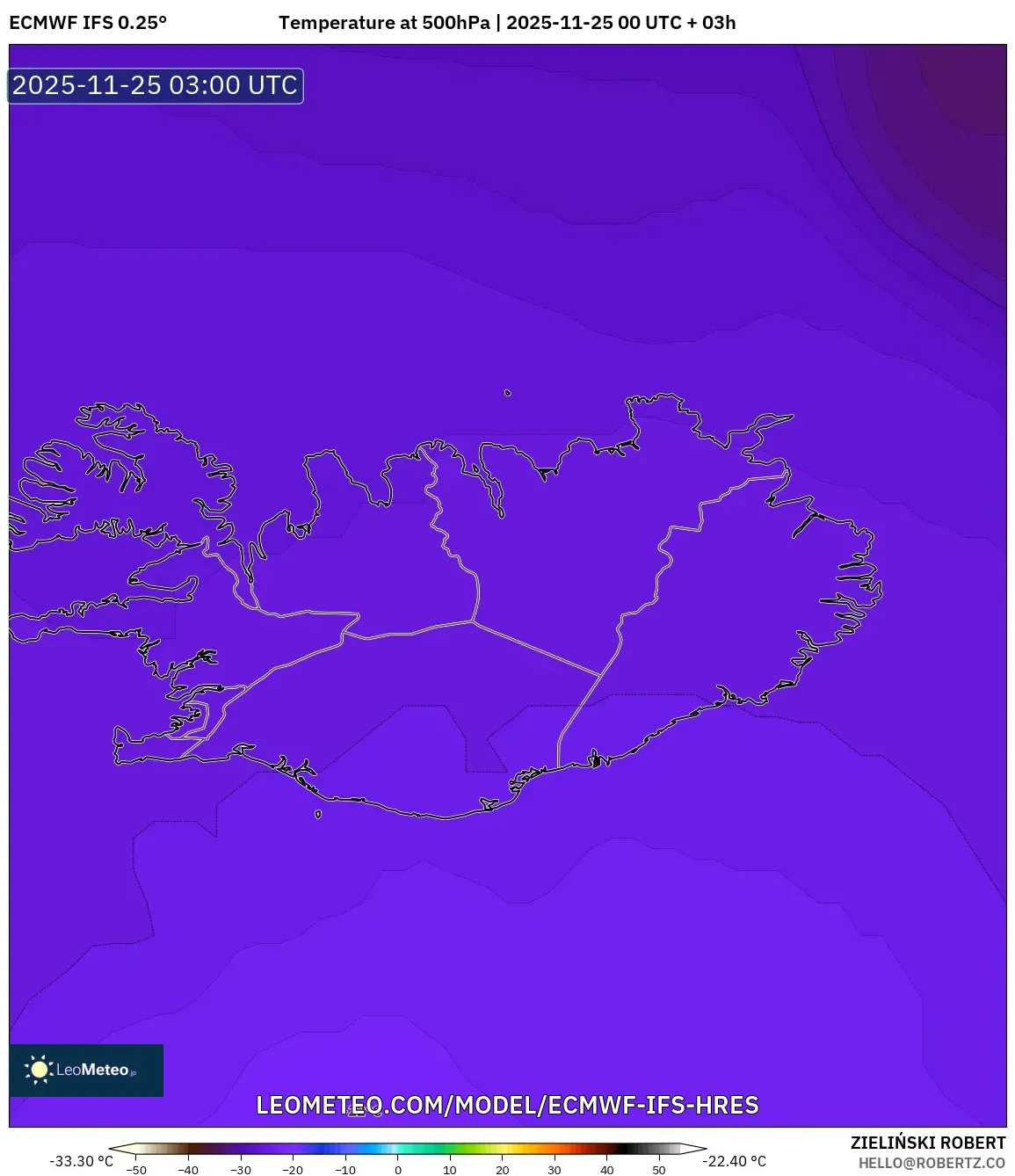 ECMWF IFS 0.25° model - Iceland, Temperature at 500hPa