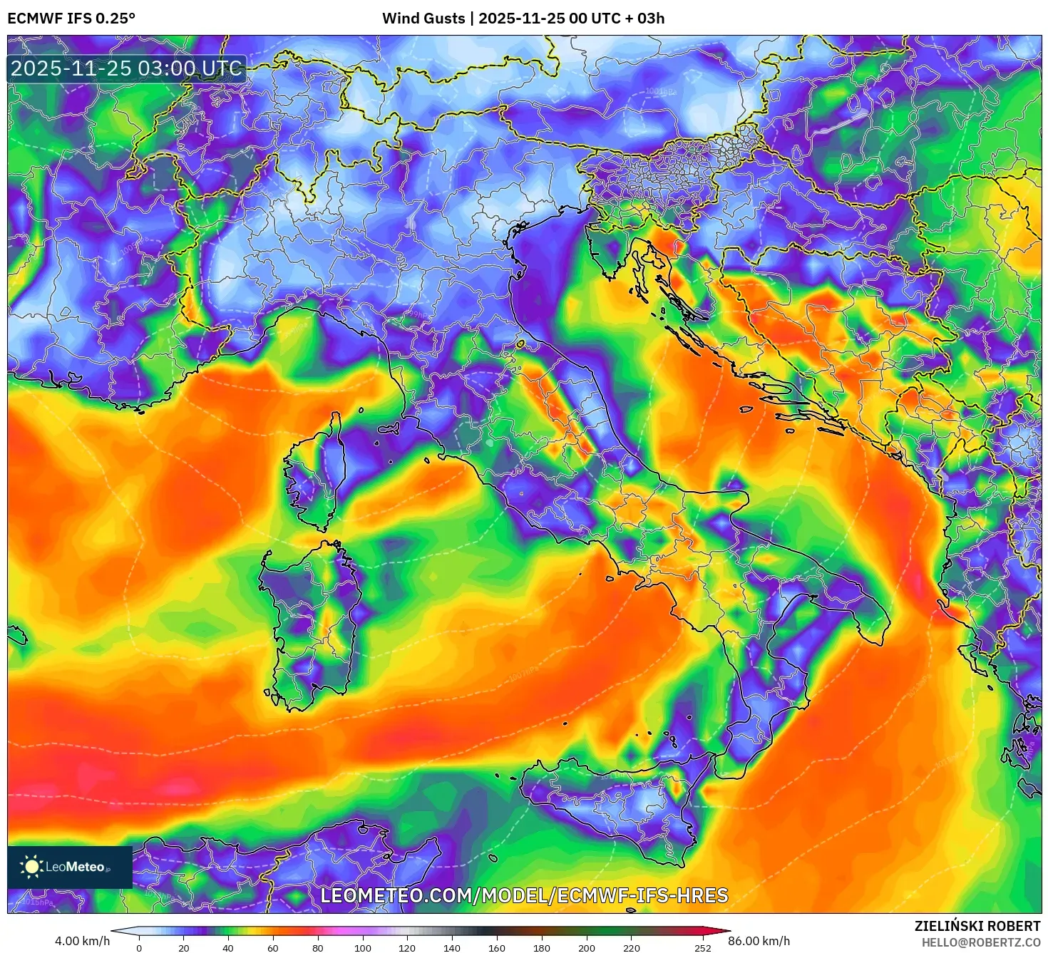 ECMWF IFS 0.25° model - Italy, Wind Gusts