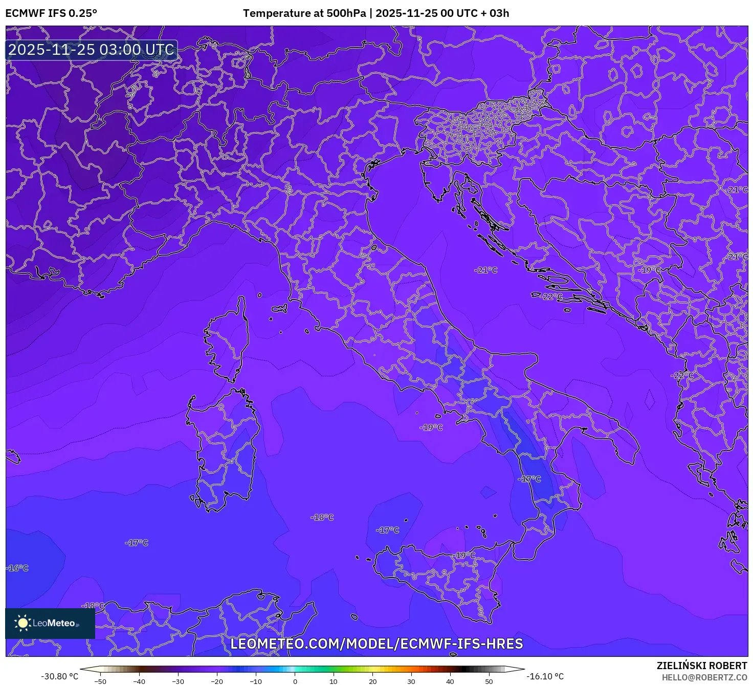 ECMWF IFS 0.25° model - Italy, Temperature at 500hPa