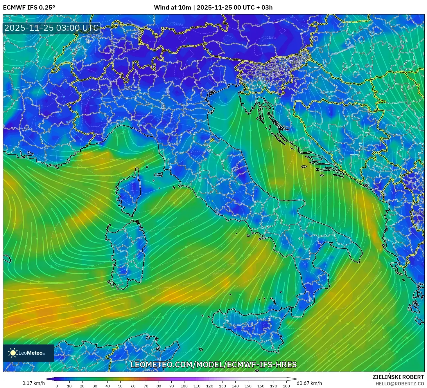ECMWF IFS 0.25° model - Italy, Wind at 10m