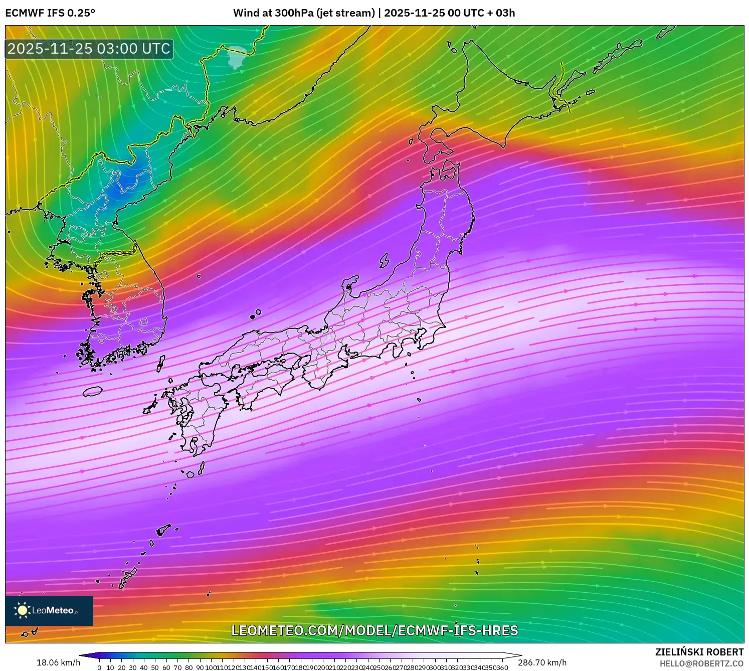 ECMWF IFS 0.25° model - Japan, Wind at 300hPa (jet stream)