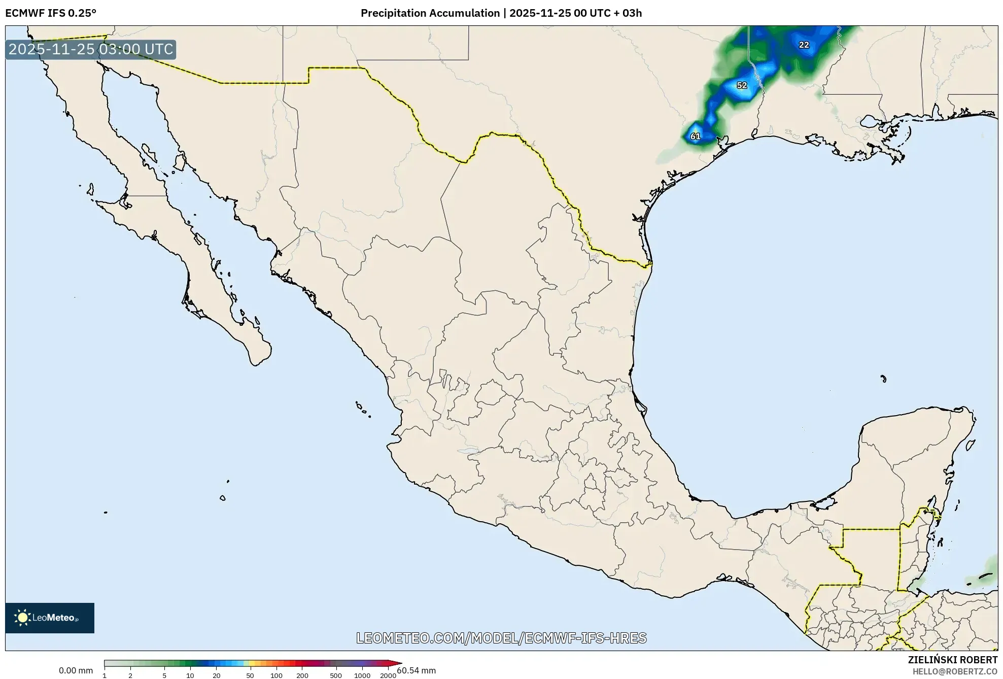 ECMWF IFS 0.25° model - Mexico, Precipitation Accumulation