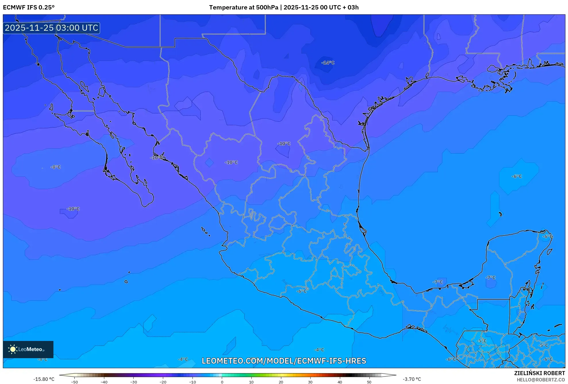 ECMWF IFS 0.25° model - Mexico, Temperature at 500hPa