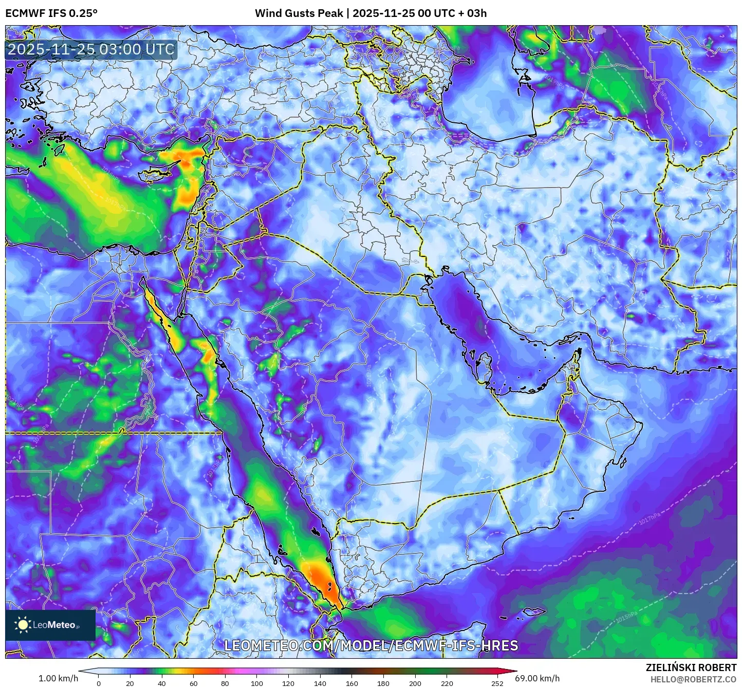 ECMWF IFS 0.25° model - Middle East, Wind Gusts Peak