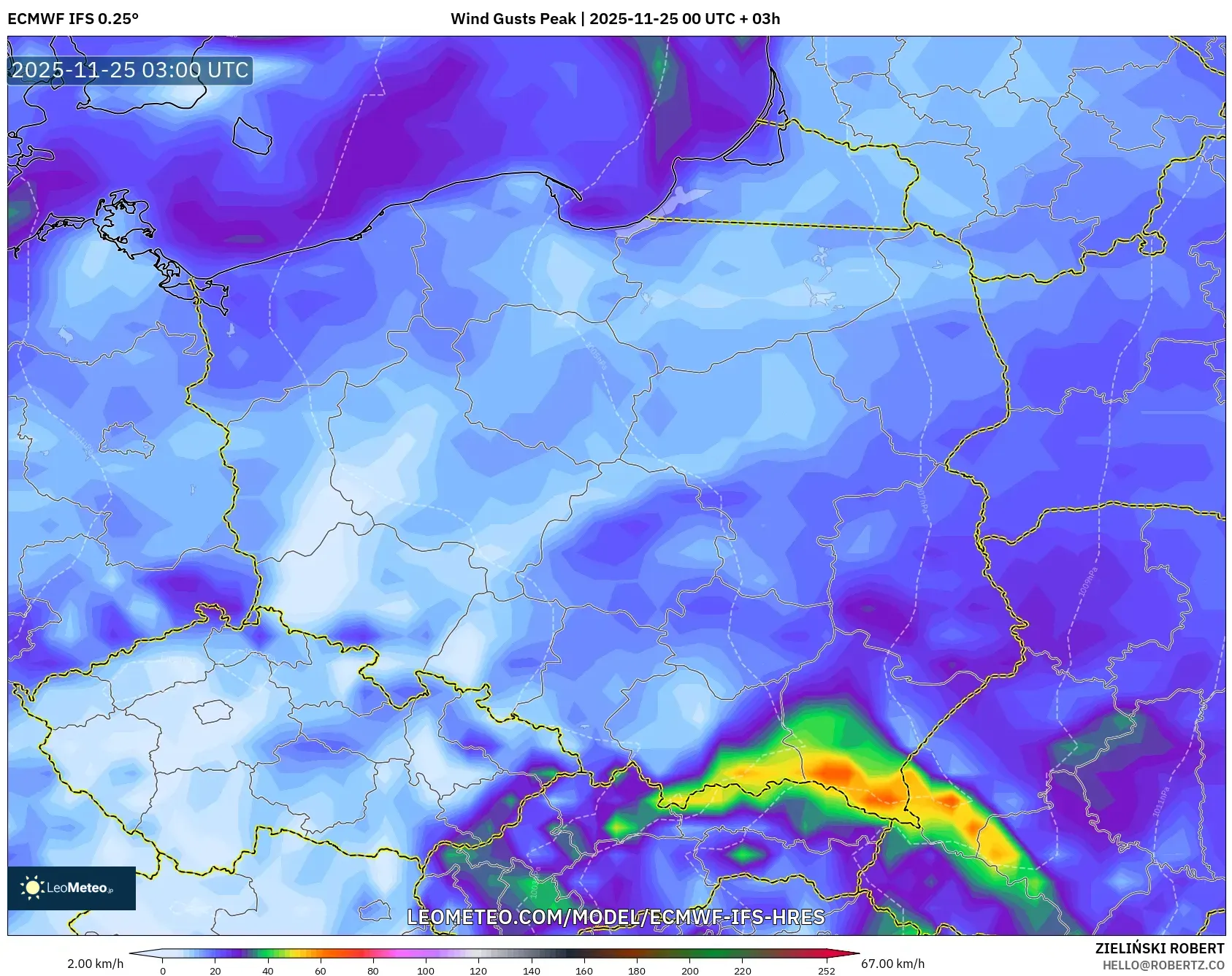 ECMWF IFS 0.25° model - Poland, Wind Gusts Peak