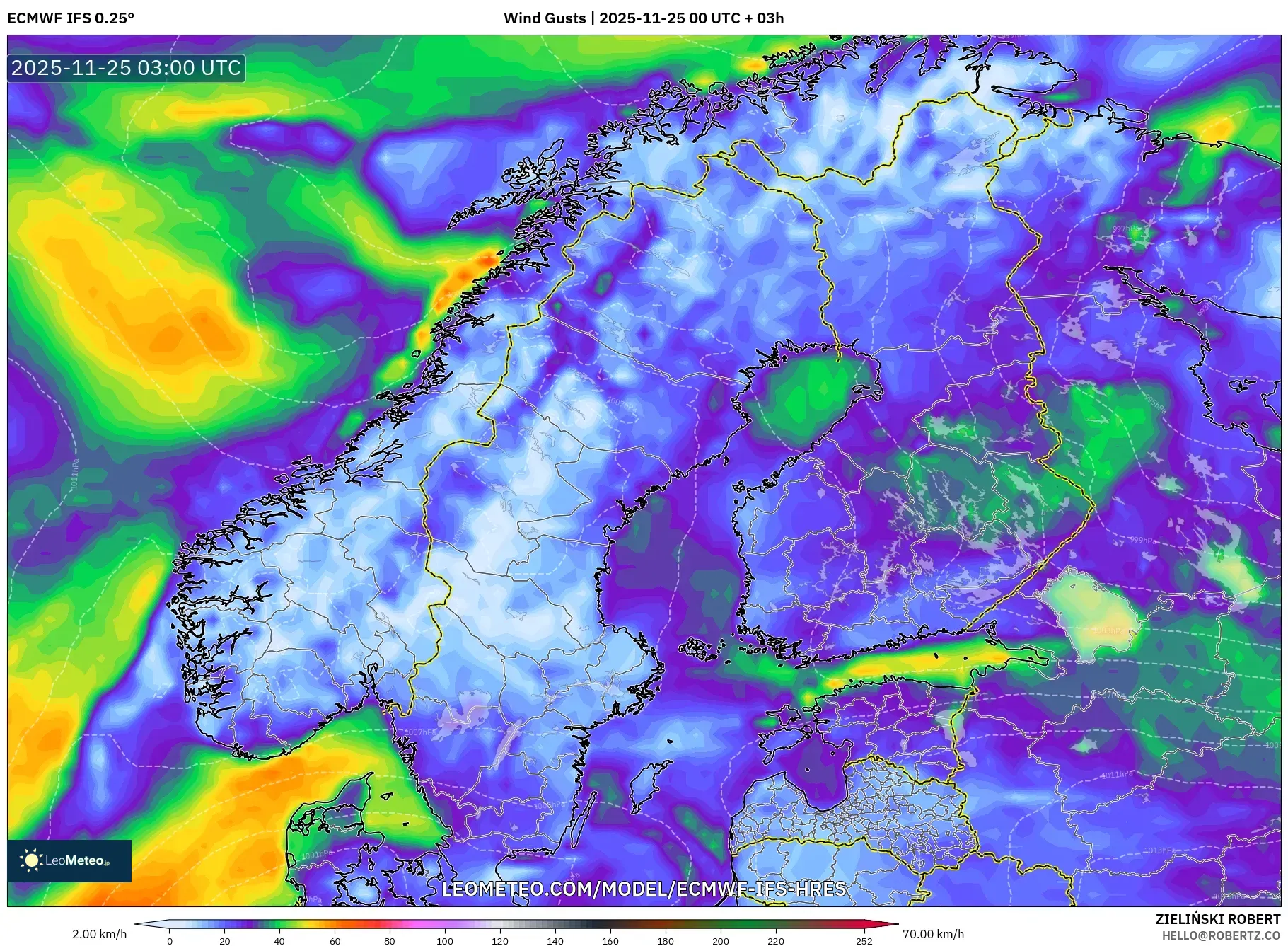 ECMWF IFS 0.25° model - Scandinavia, Wind Gusts