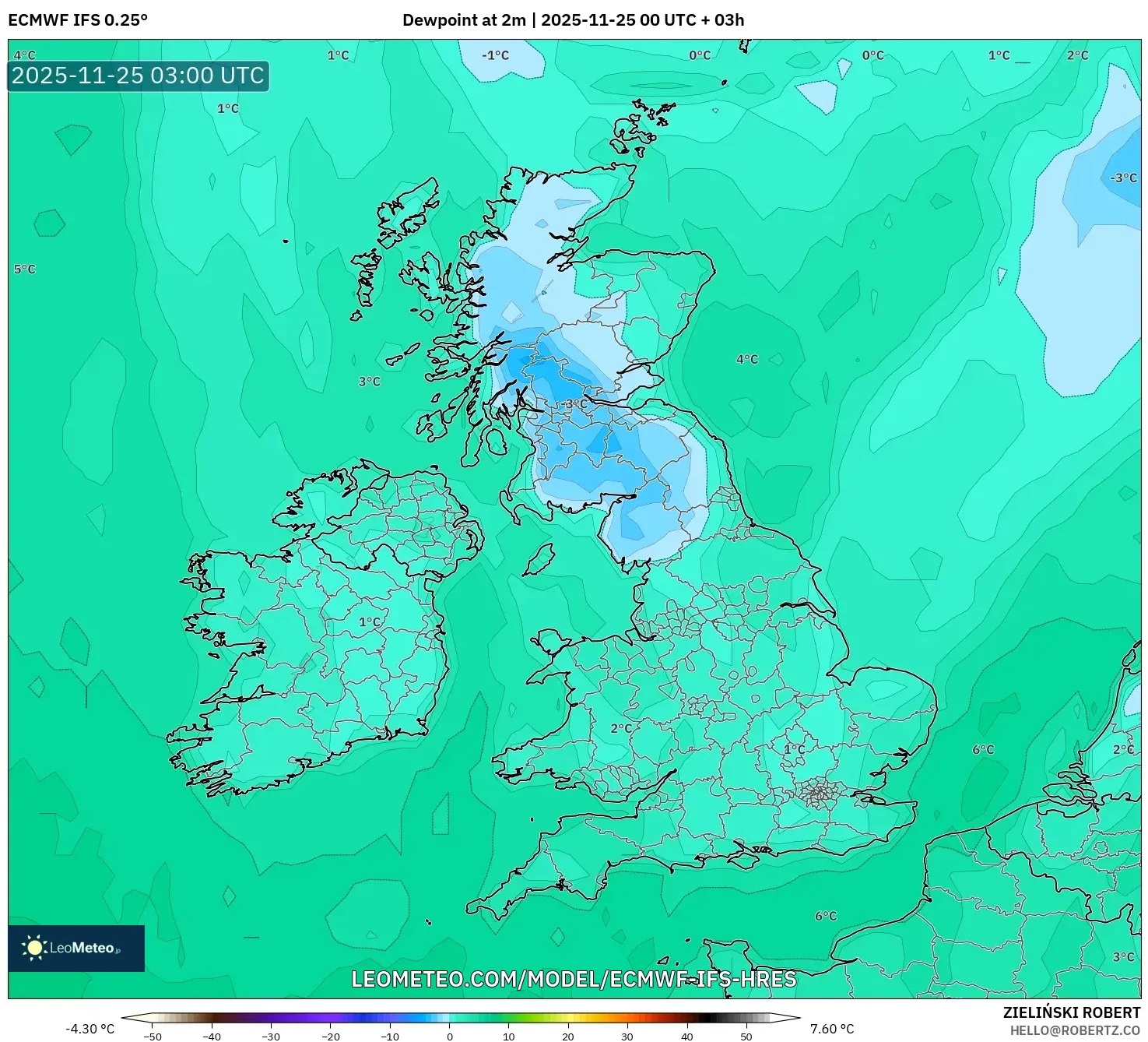 ECMWF IFS 0.25° model - United Kingdom, Dewpoint at 2m