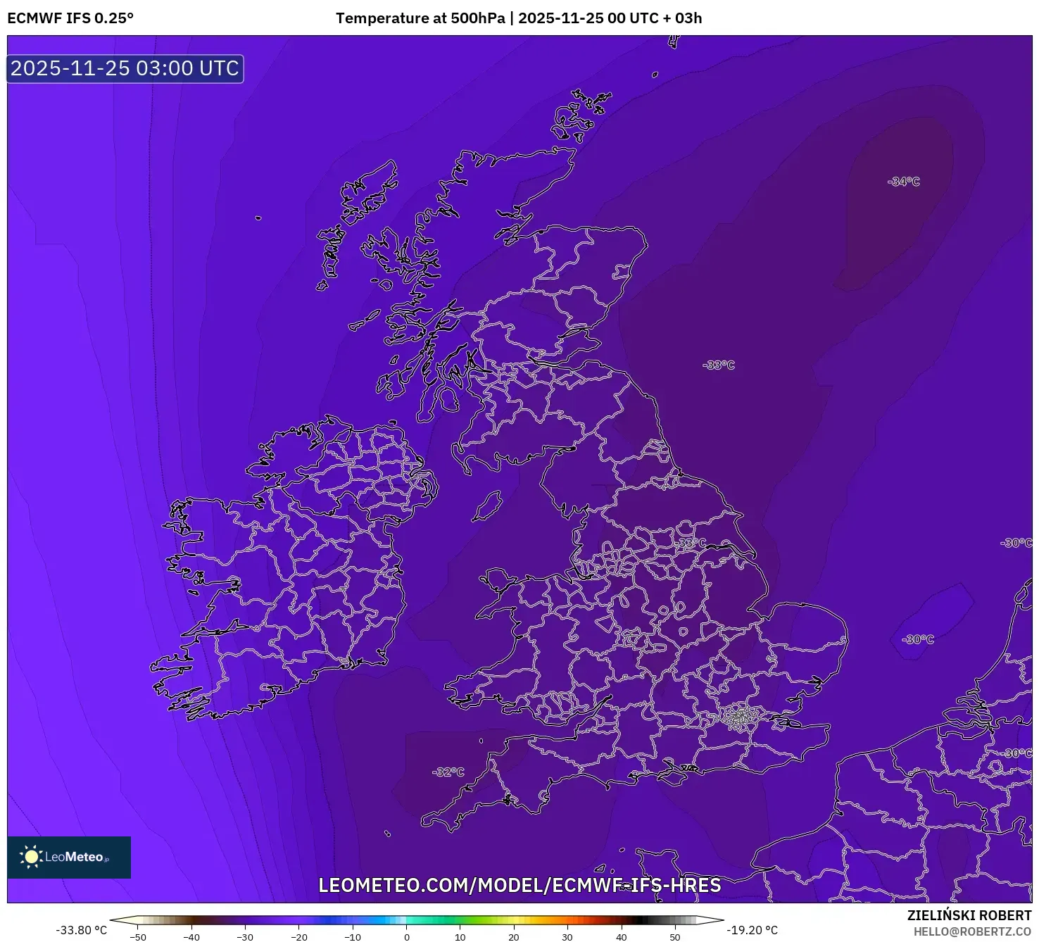 ECMWF IFS 0.25° model - United Kingdom, Temperature at 500hPa