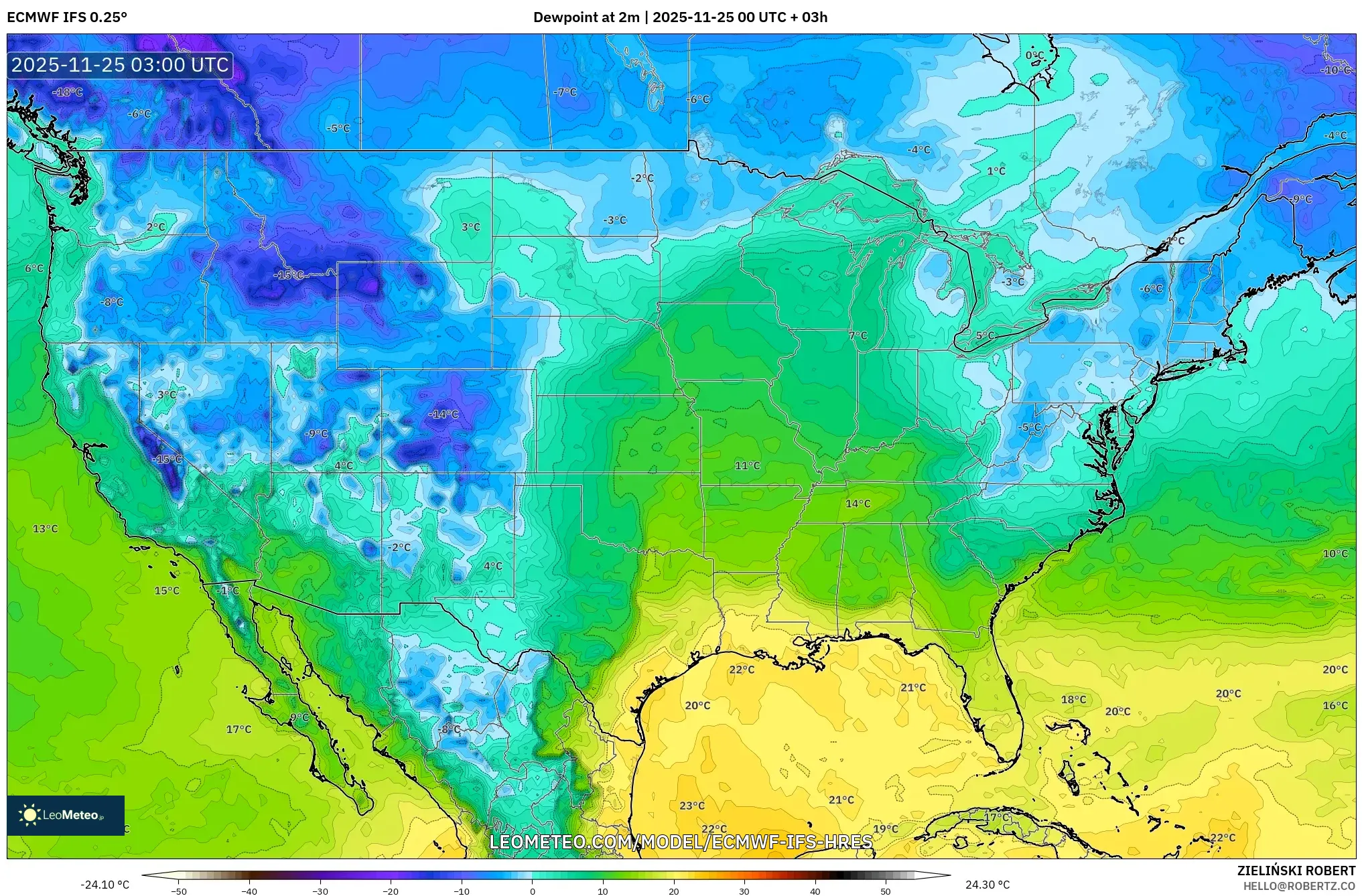 ECMWF IFS 0.25° model - United States, Dewpoint at 2m