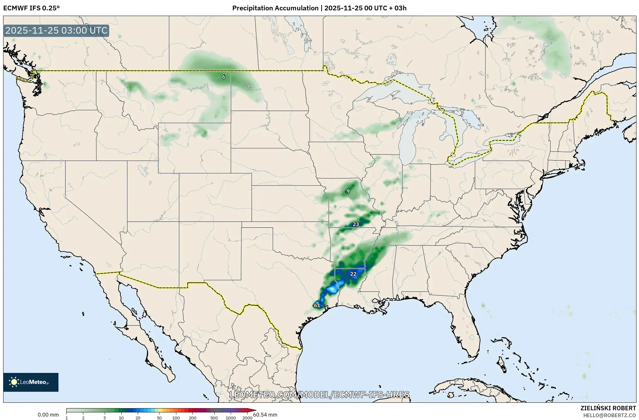 ECMWF IFS 0.25° model - United States, Precipitation Accumulation