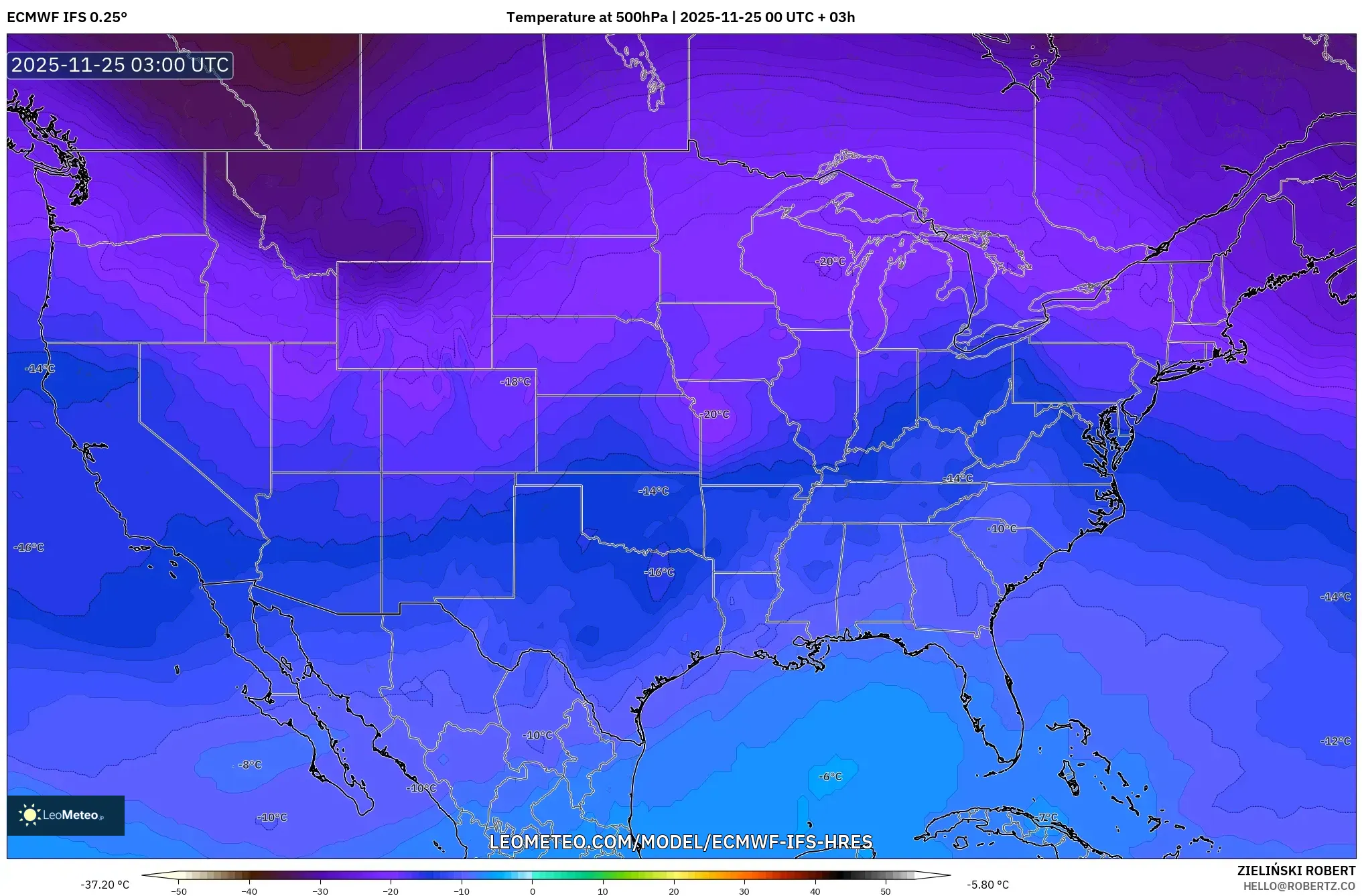 ECMWF IFS 0.25° model - United States, Temperature at 500hPa