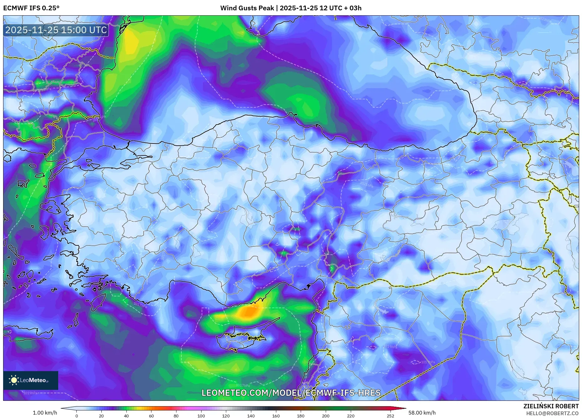 ECMWF IFS 0.25° model - Turkey, Wind Gusts Peak