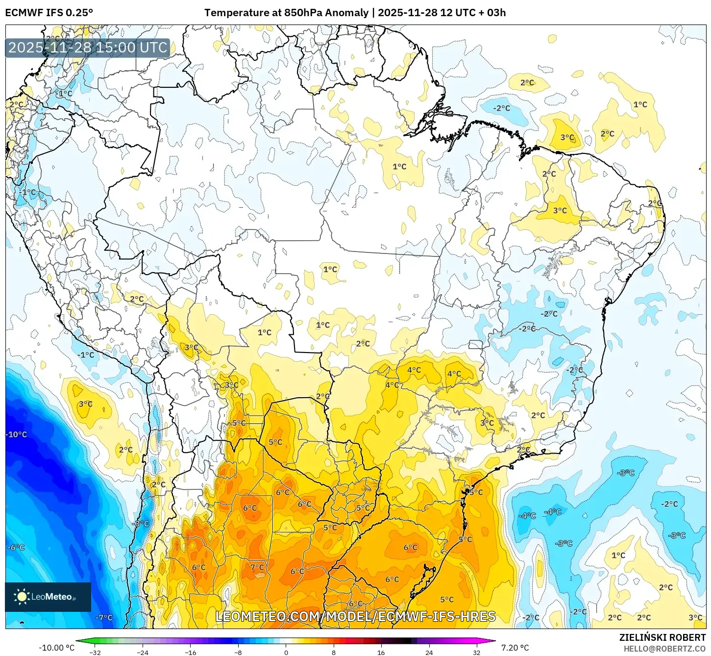 ECMWF IFS 0.25° model - Brazil, Temperature at 850hPa Anomaly