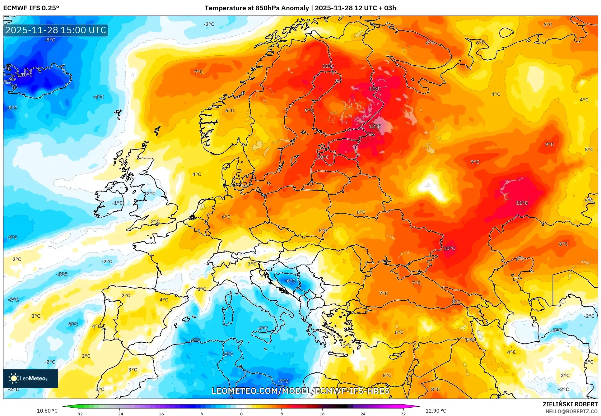 ECMWF IFS 0.25° model - Europe, Temperature at 850hPa Anomaly