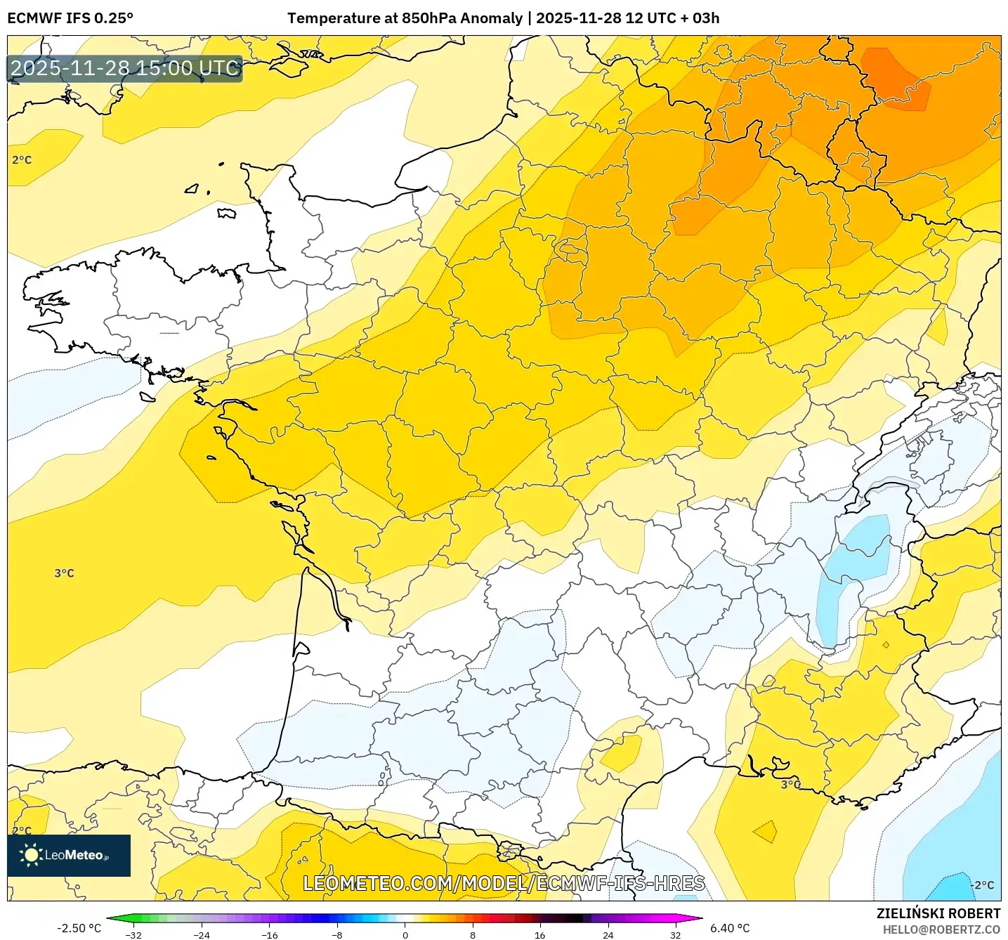 ECMWF IFS 0.25° model - France, Temperature at 850hPa Anomaly