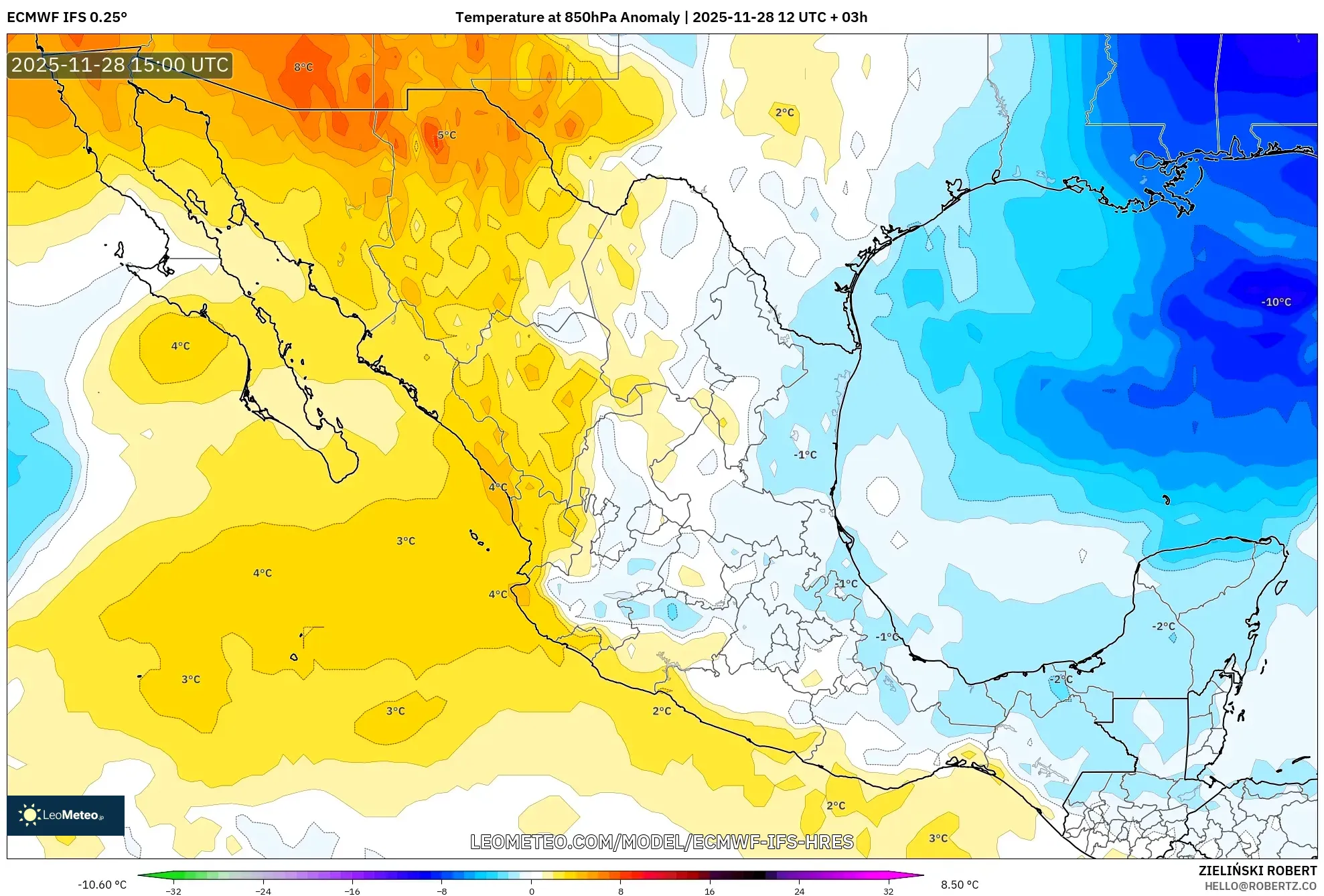 ECMWF IFS 0.25° model - Mexico, Temperature at 850hPa Anomaly