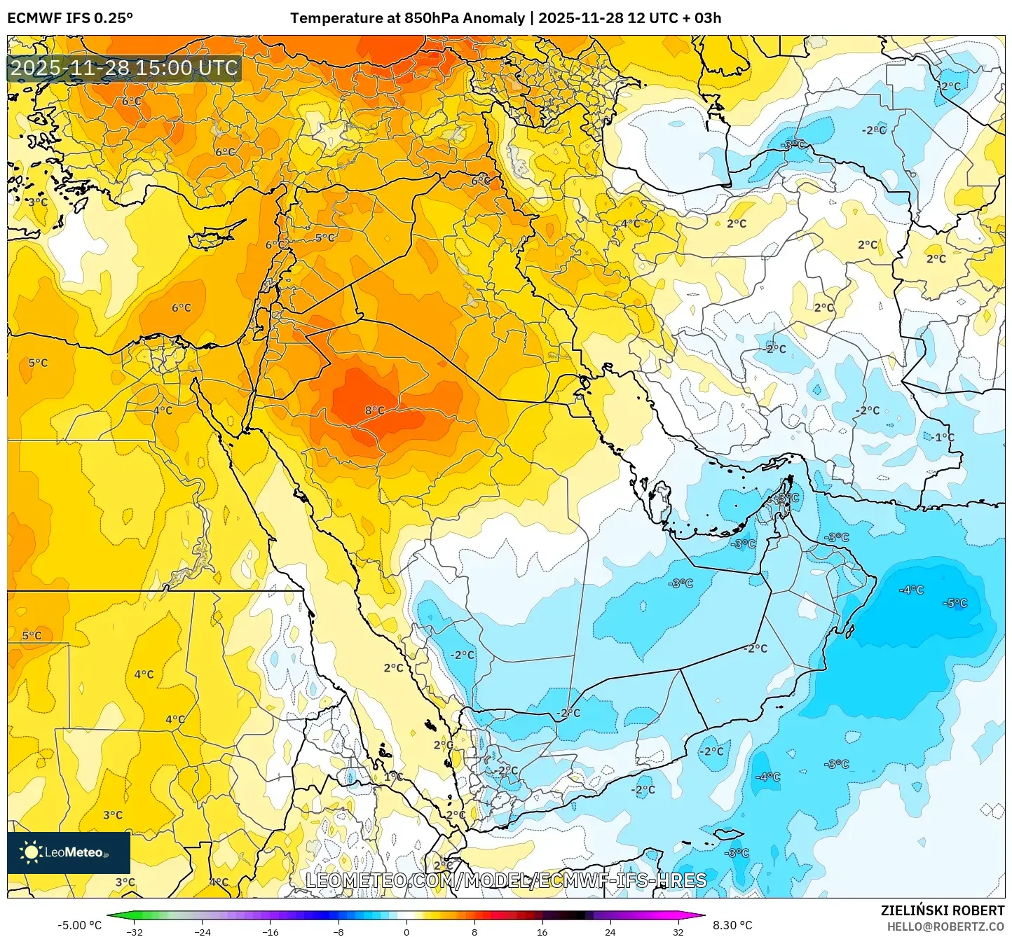 ECMWF IFS 0.25° model - Middle East, Temperature at 850hPa Anomaly
