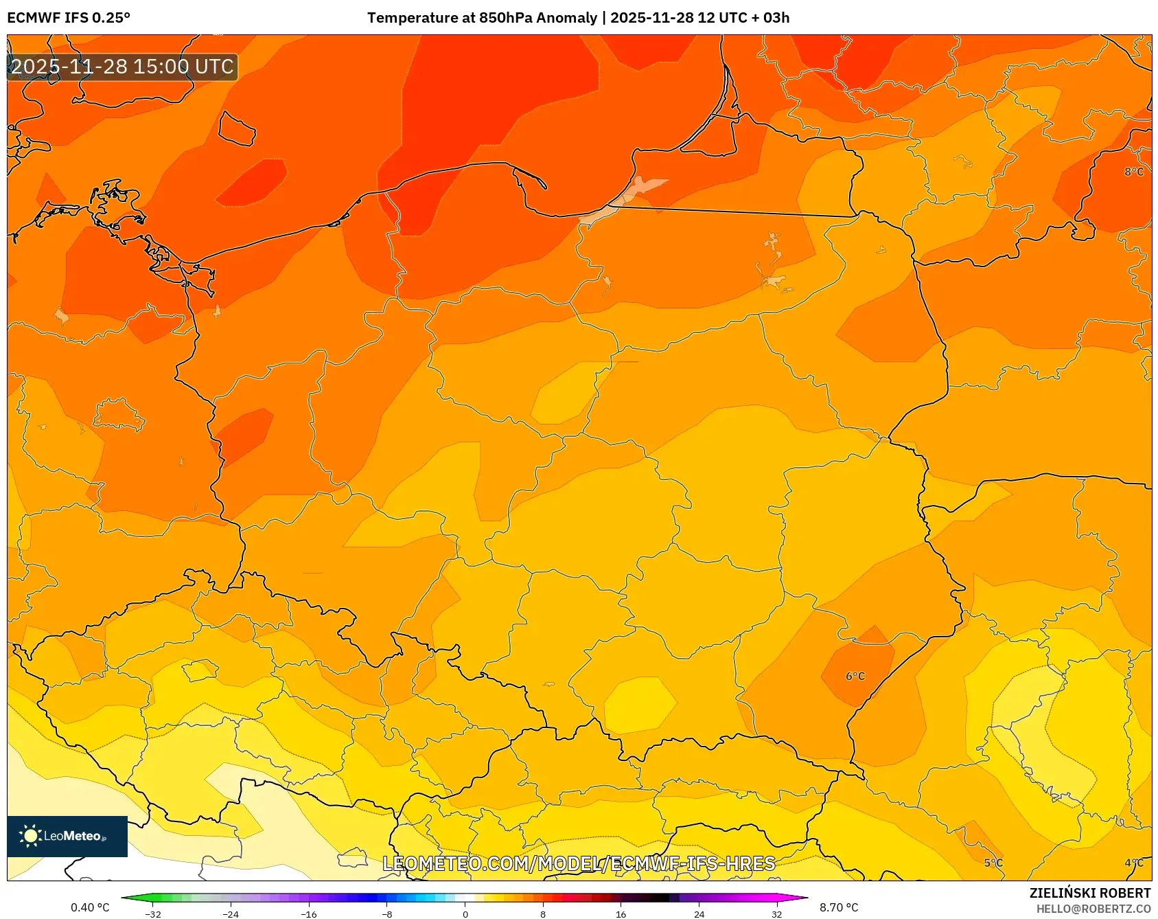 ECMWF IFS 0.25° model - Poland, Temperature at 850hPa Anomaly