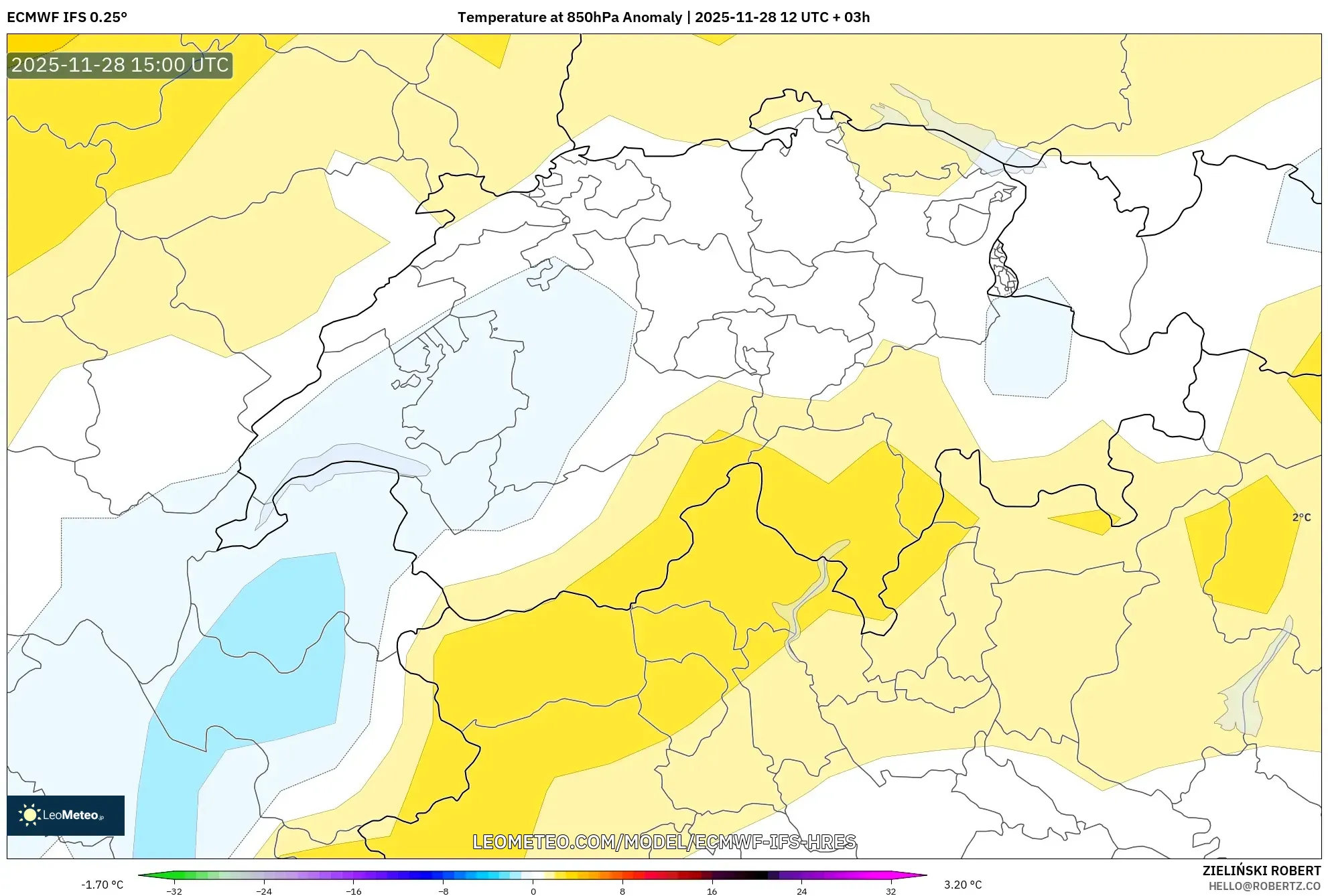 ECMWF IFS 0.25° model - Switzerland, Temperature at 850hPa Anomaly