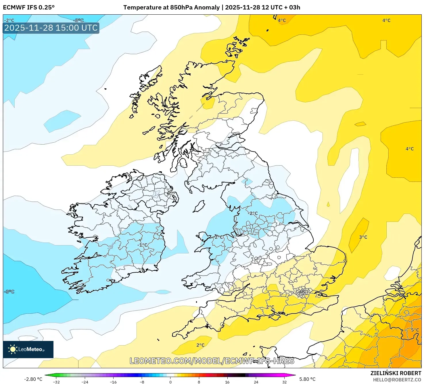 ECMWF IFS 0.25° model - United Kingdom, Temperature at 850hPa Anomaly