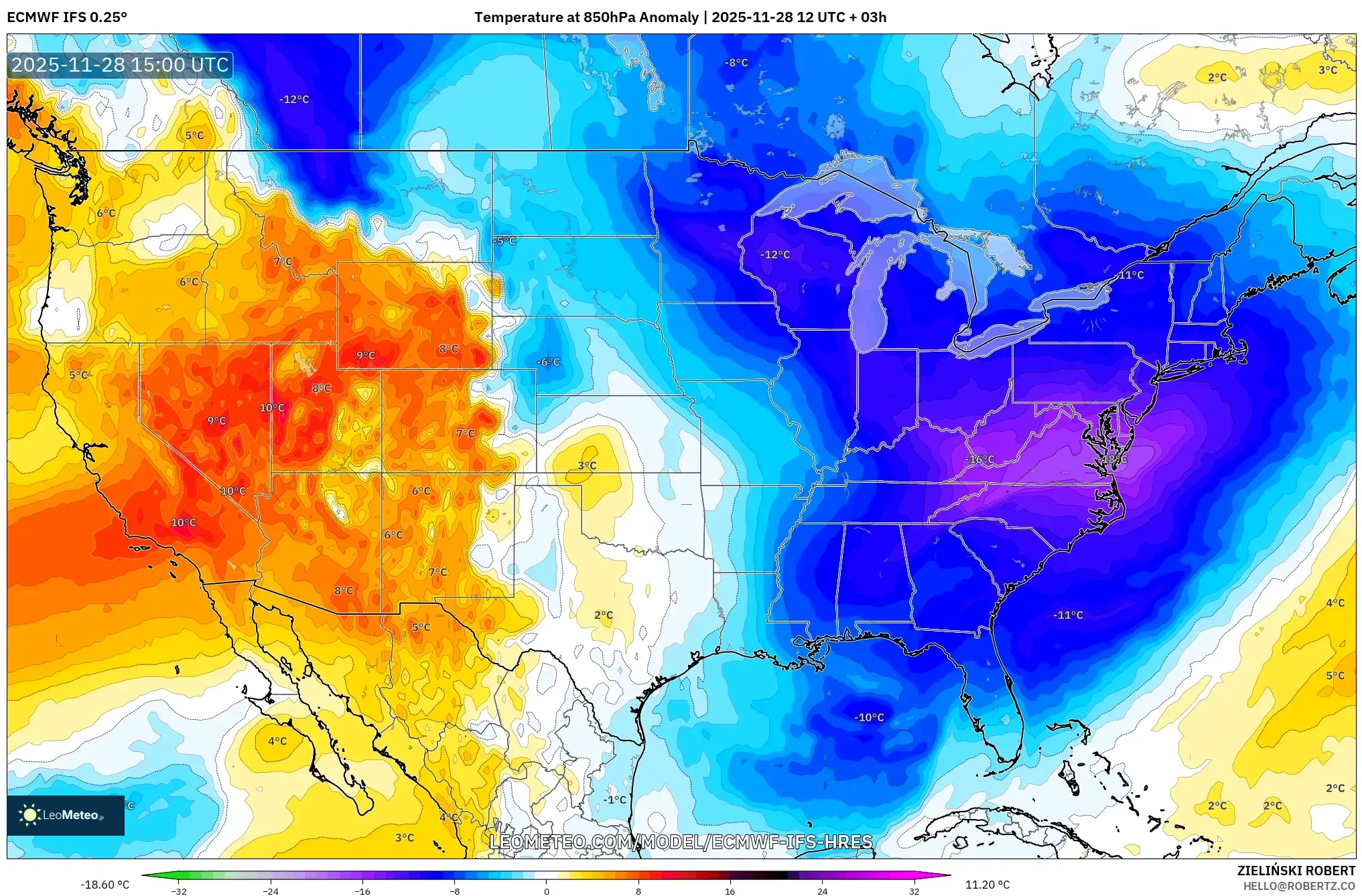 ECMWF IFS 0.25° model - United States, Temperature at 850hPa Anomaly