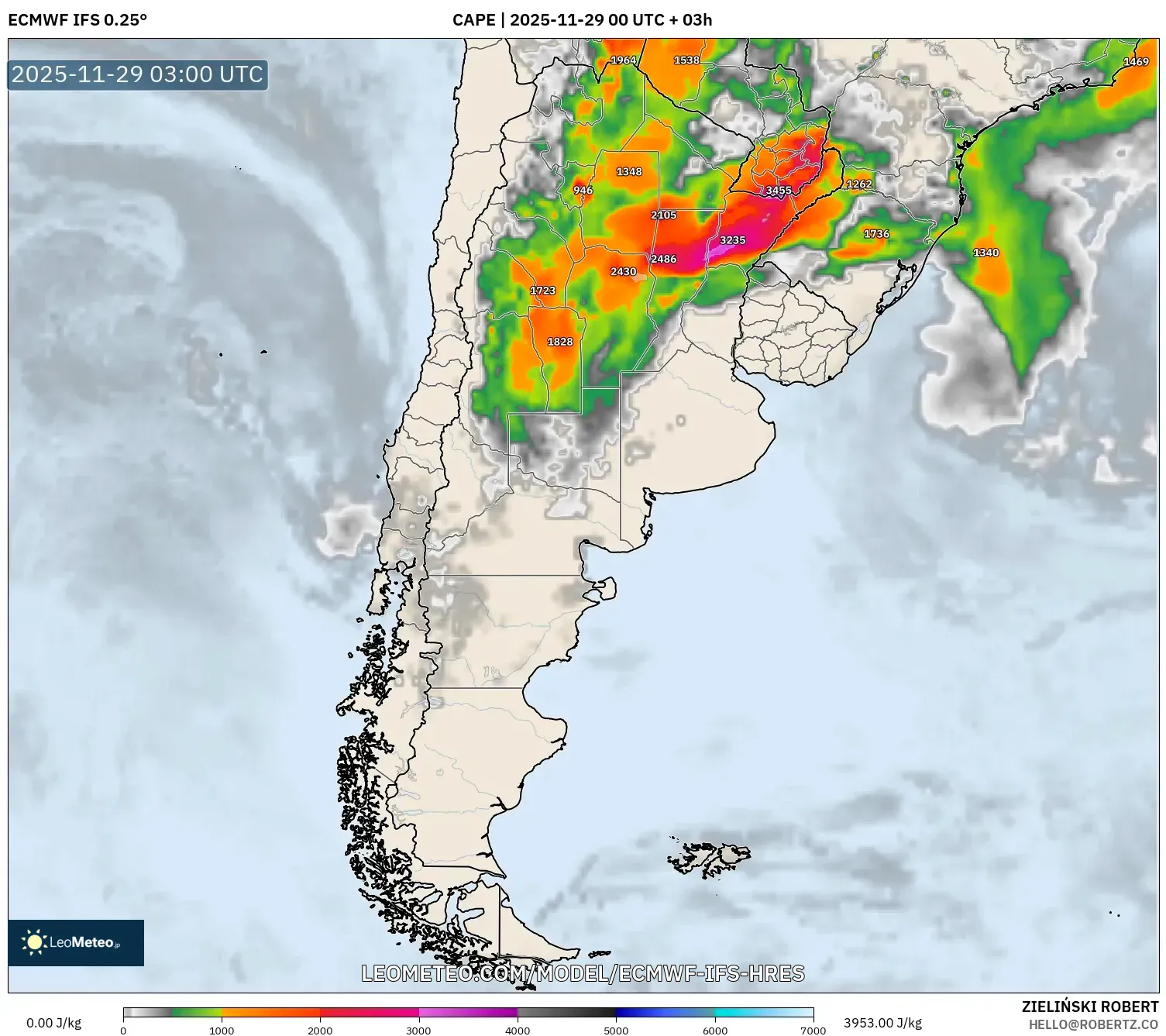 ECMWF IFS 0.25° model - Argentina, CAPE