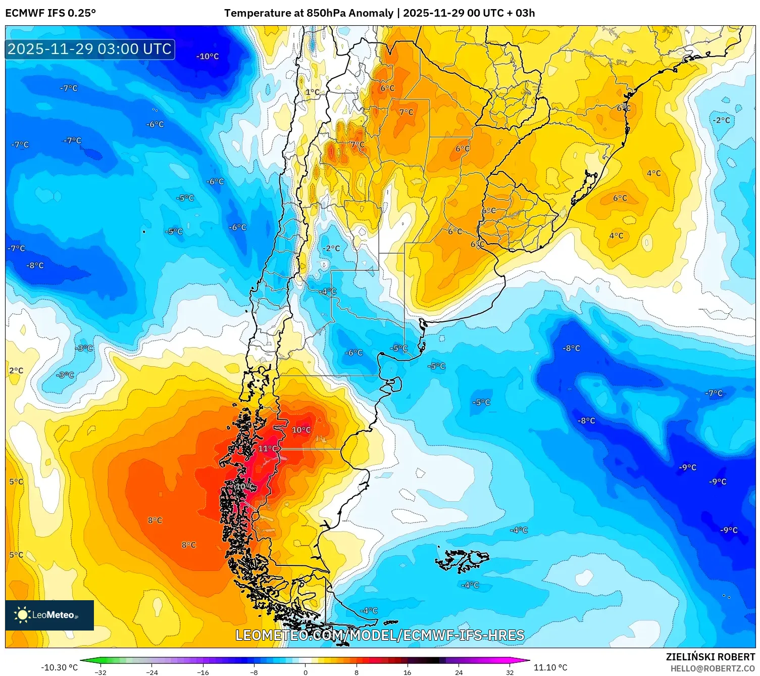 ECMWF IFS 0.25° model - Argentina, Temperature at 850hPa Anomaly