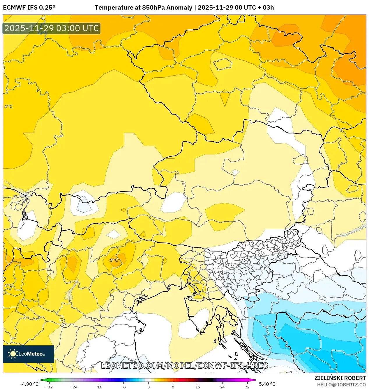 ECMWF IFS 0.25° model - Austria, Temperature at 850hPa Anomaly